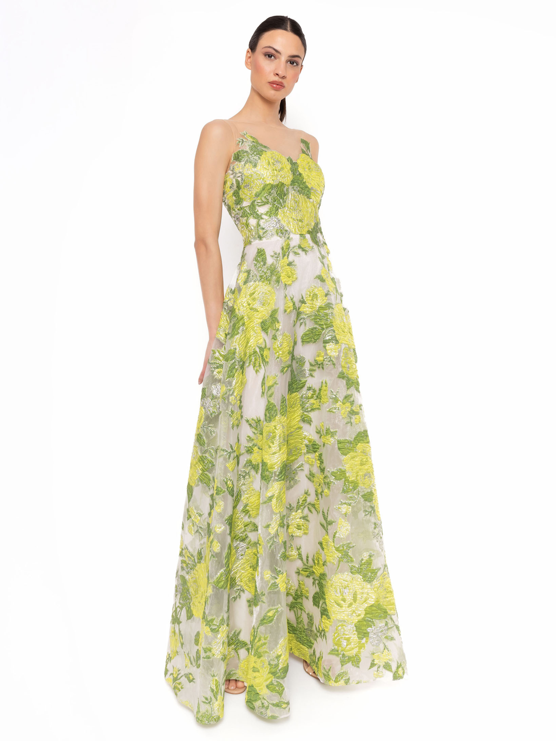 Carla Ruiz 52714 lime A-line dress with fitted bodice, sheer straps and floral embroidered overlay.