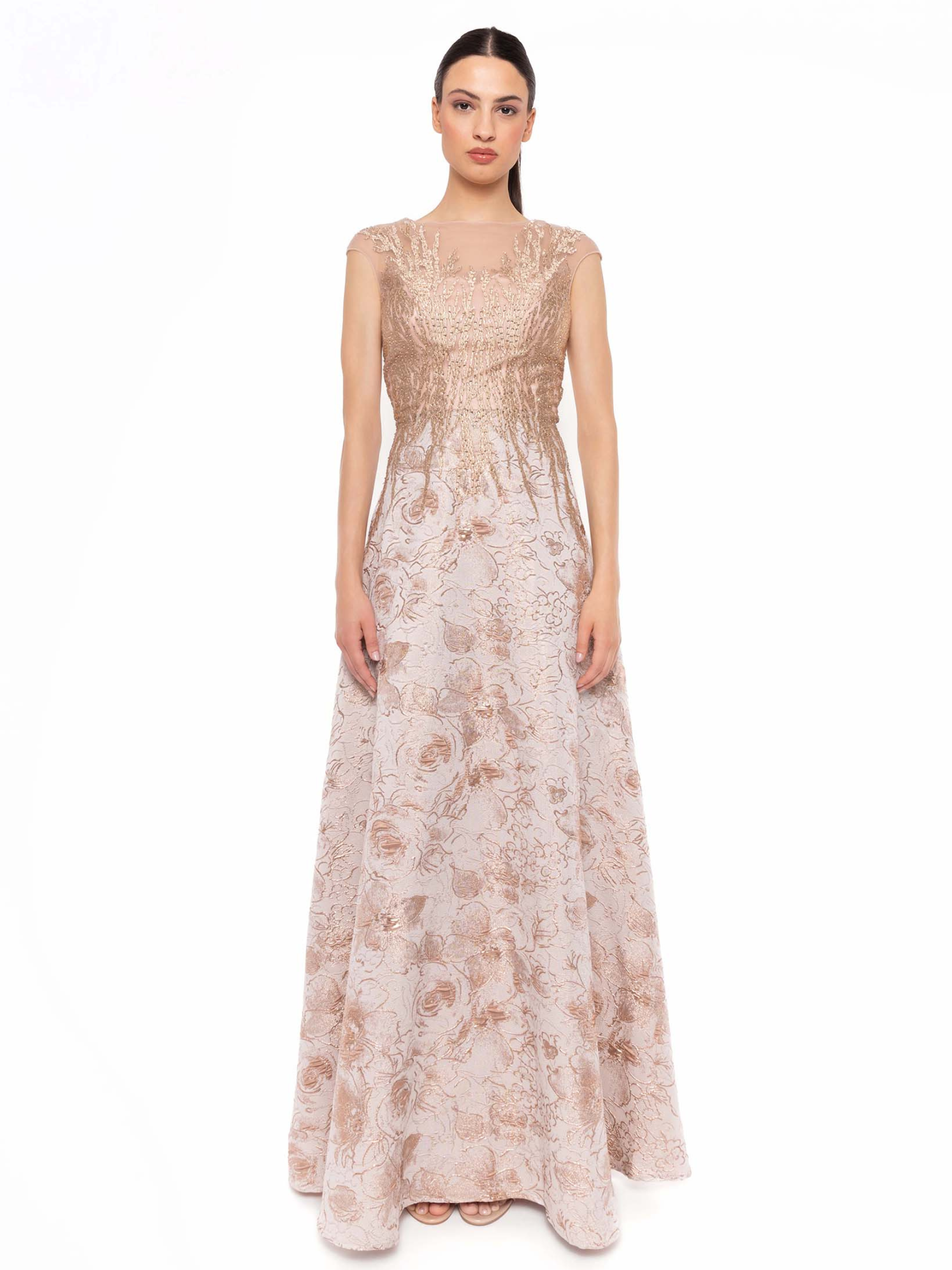 Carla Ruiz 52717 off white dress with sheer neckline, metallic floral embroidery, fitted bodice and A-line skirt.