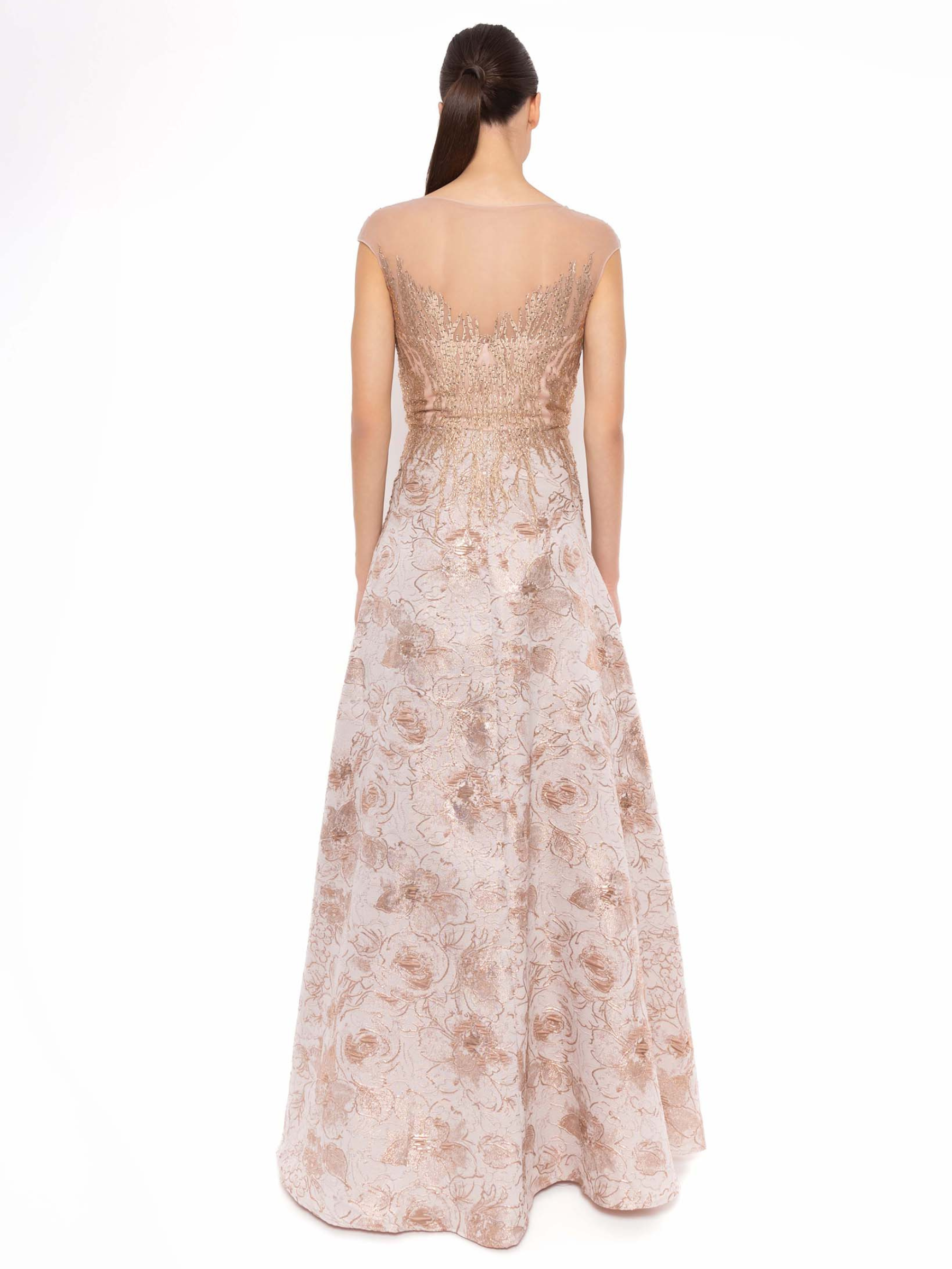 Carla Ruiz 52717 off white dress with sheer neckline, metallic floral embroidery, fitted bodice and A-line skirt.