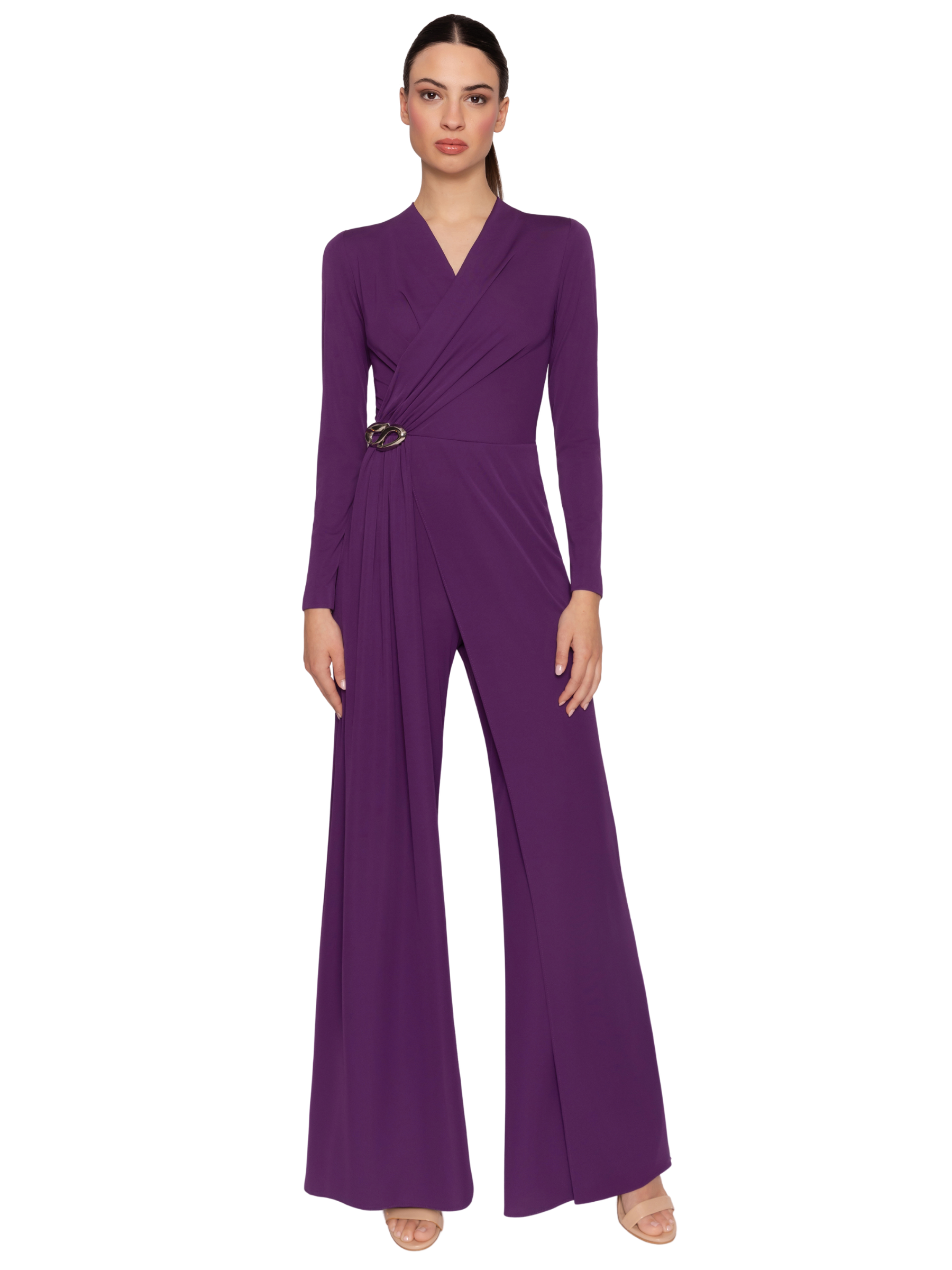 Carla Ruiz 53000 Purple Jumpsuit wrap-style occasion jumpsuit with long sleeves, side detail and wide leg trousers