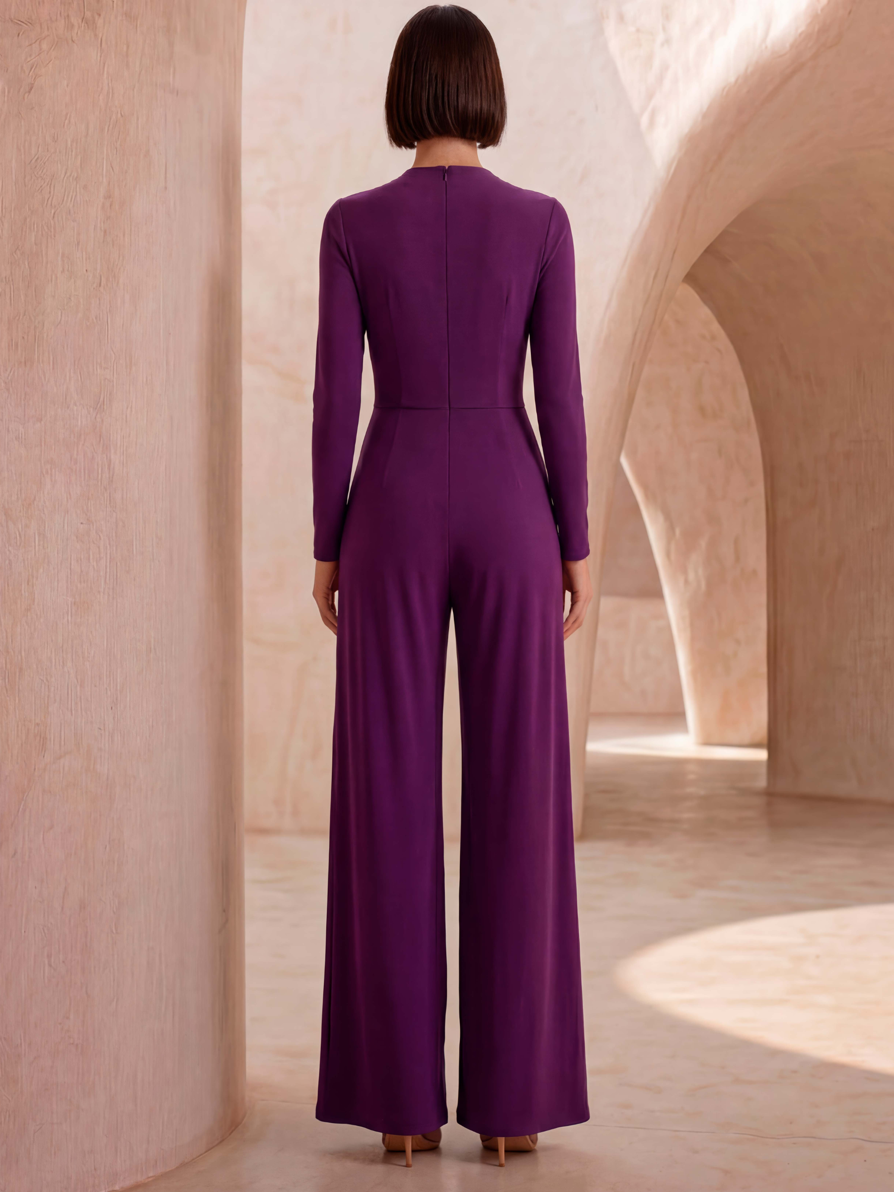 Carla Ruiz 53000 Purple Jumpsuit wrap-style occasion jumpsuit with long sleeves, side detail and wide leg trousers