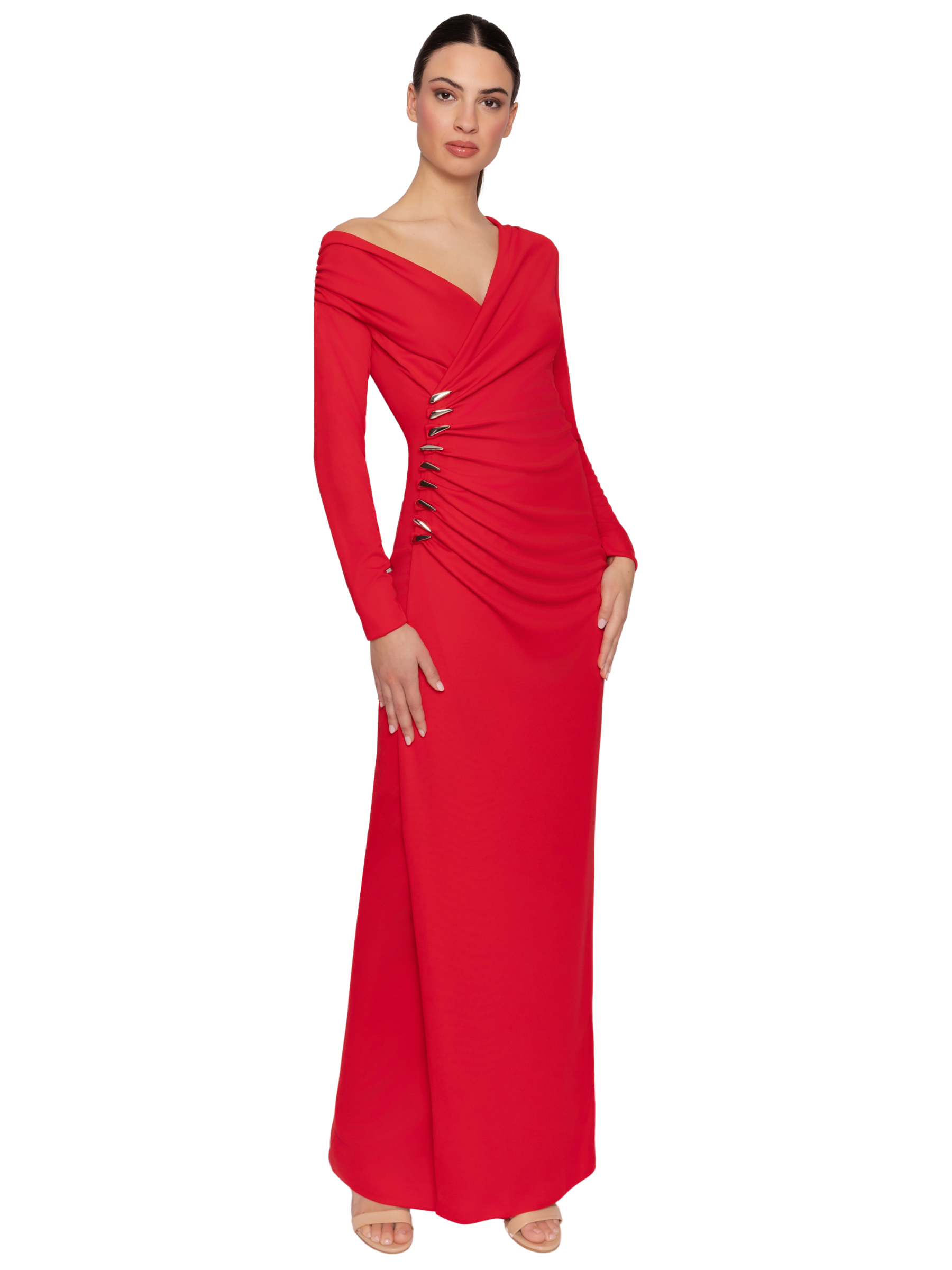 Carla Ruiz 53002 Red Crossed Long Dress full-length occasion dress with crossover neckline, long sleeves, ruched waist detail and side embellishments