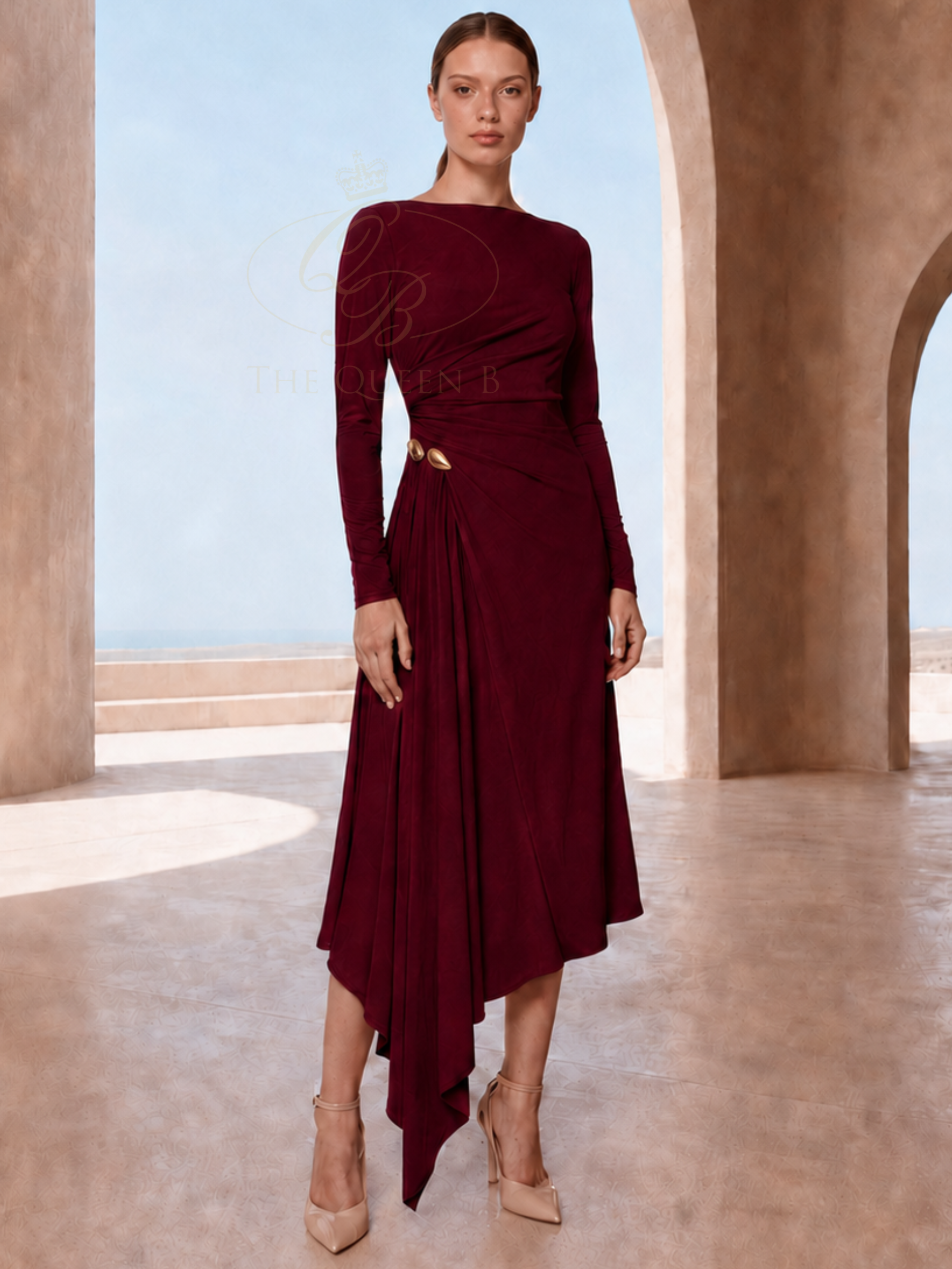 Carla Ruiz 53005 Burgundy Midi Dress with bateau neckline, long sleeves, ruched waist and asymmetric draped skirt