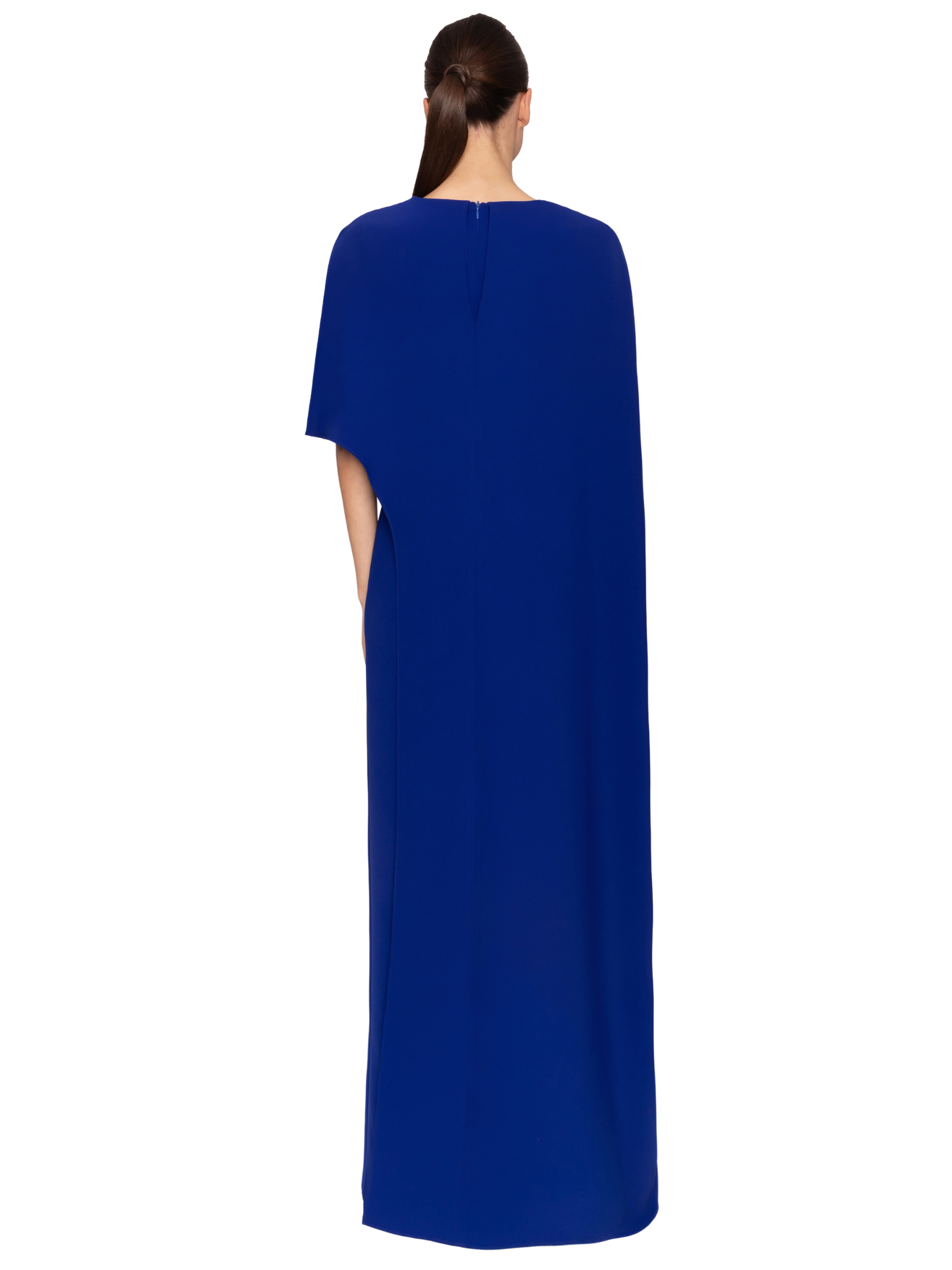 Carla Ruiz 53042 Blue full-length dress with asymmetric neckline, cape overlay and front split