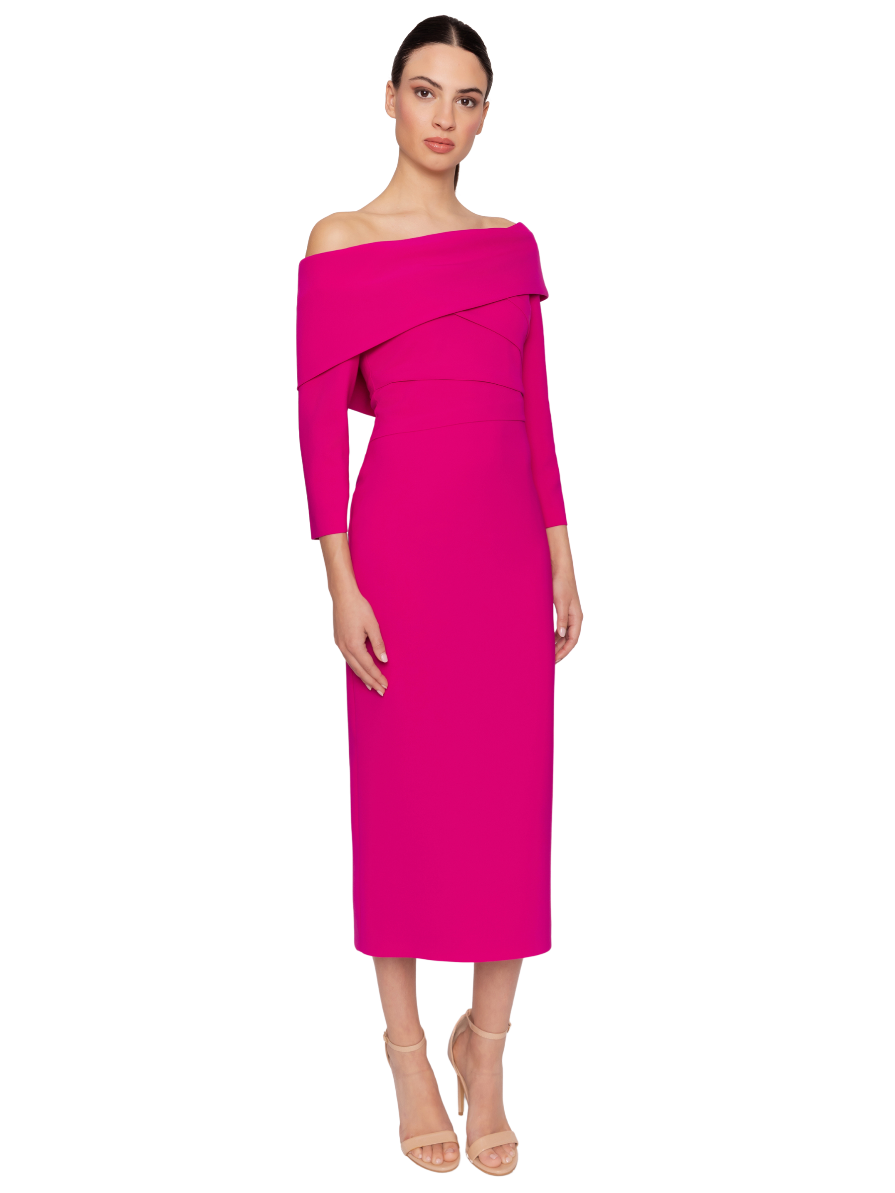 Carla Ruiz 53047 Fuchsia Crossed Dress fitted occasion dress with off-the-shoulder neckline and 3/4 sleeves