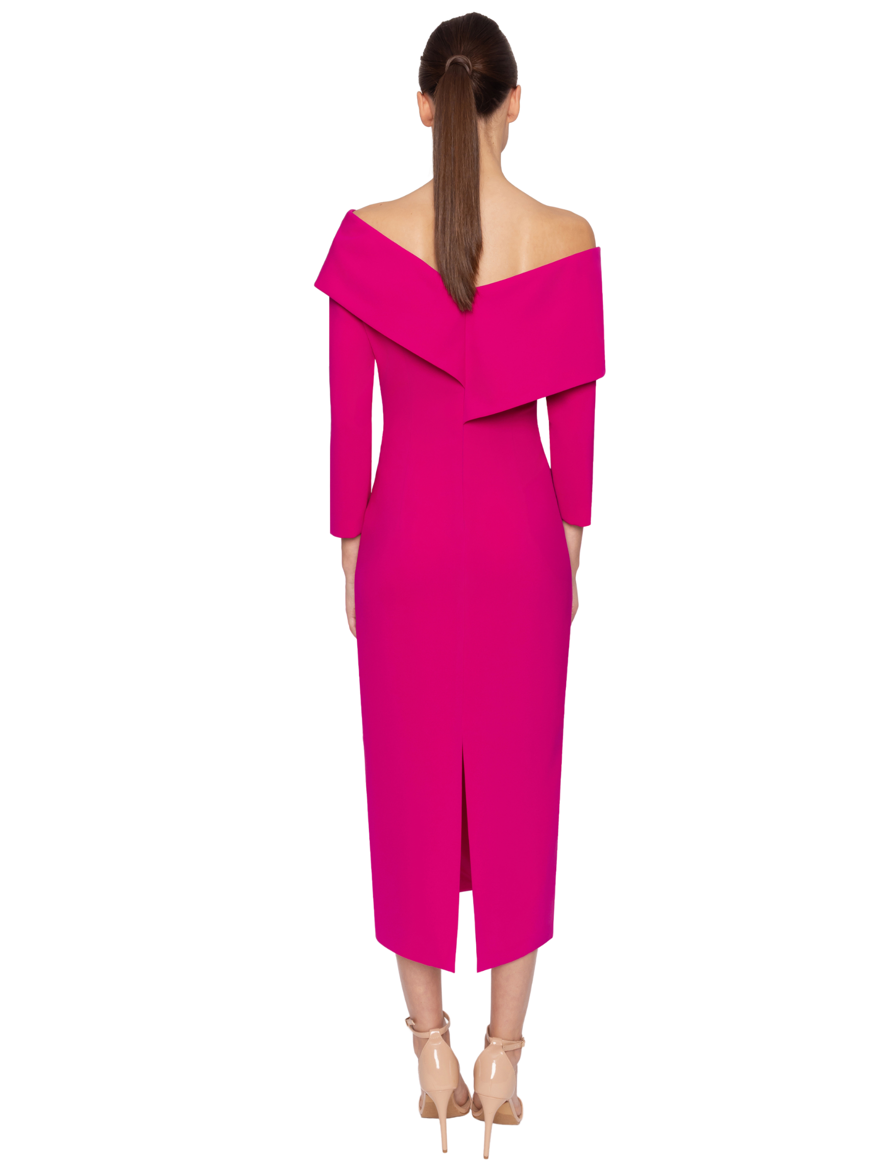 Carla Ruiz 53047 Fuchsia Crossed Dress fitted occasion dress with off-the-shoulder neckline and 3/4 sleeves