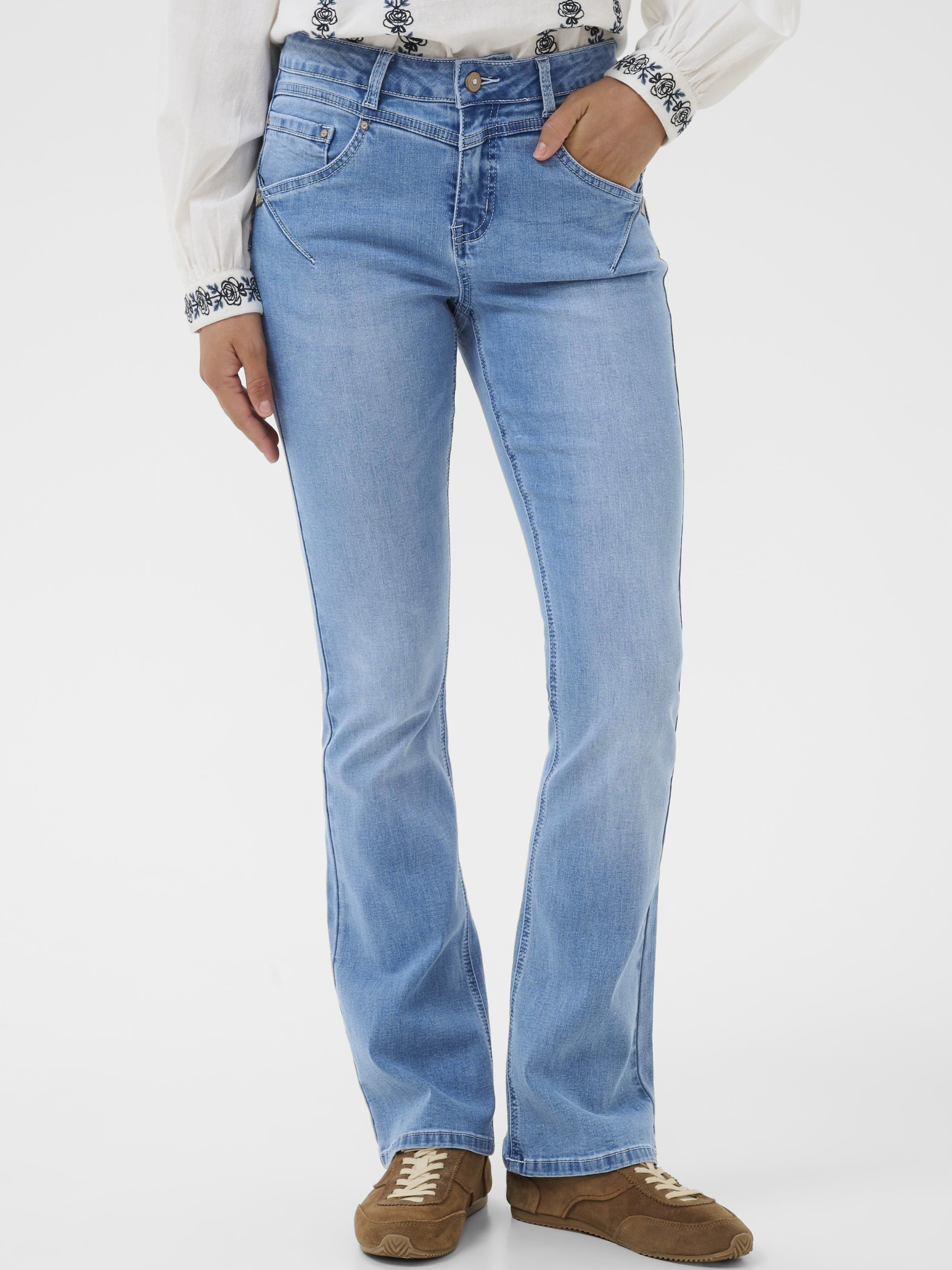 Cream Amalie women’s bootcut jeans with high waist, fitted leg and full-length stretch denim construction.