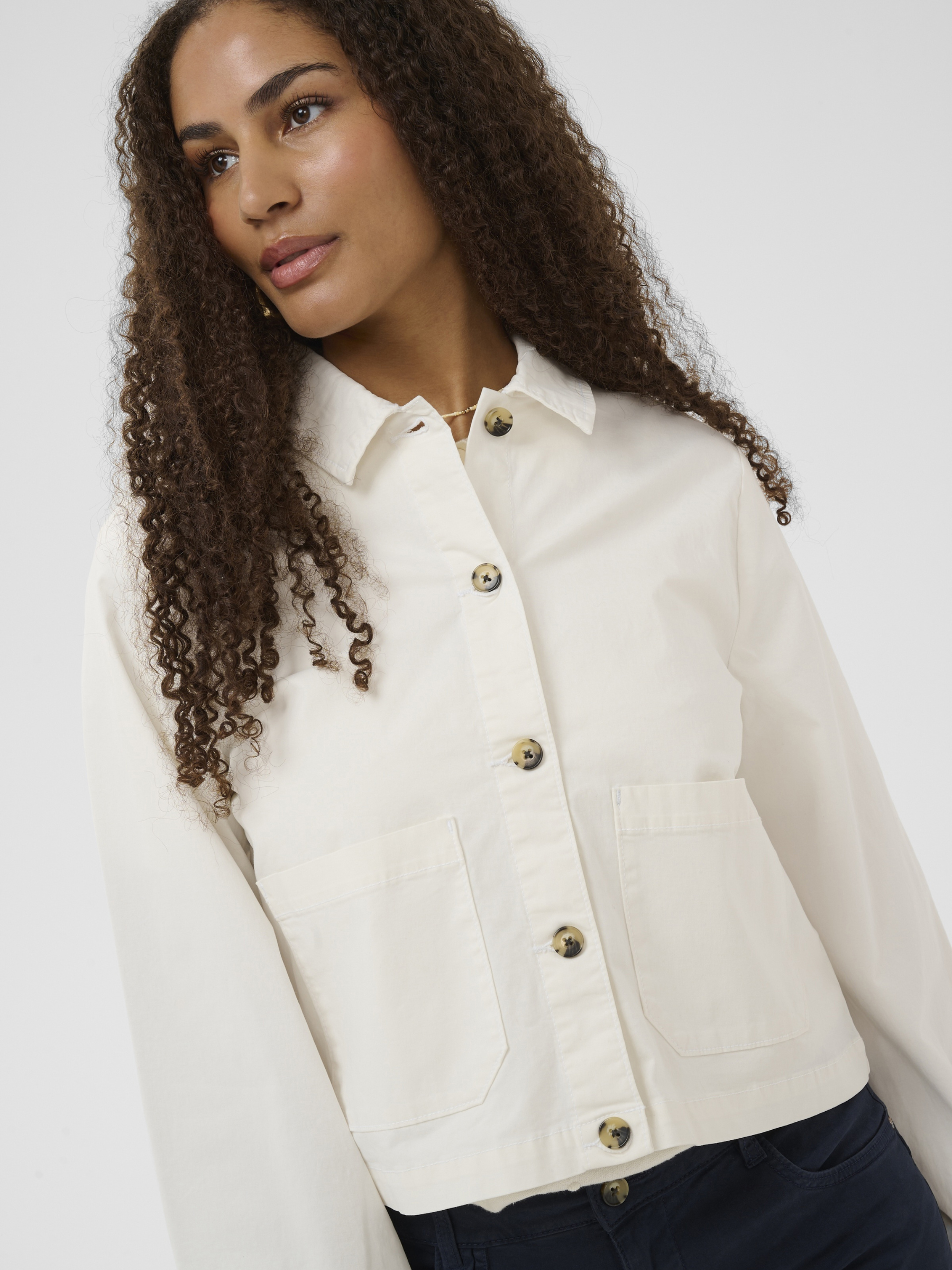 Cream Berta Twill Jacket women’s button-through cotton twill jacket with collar and front patch pockets.