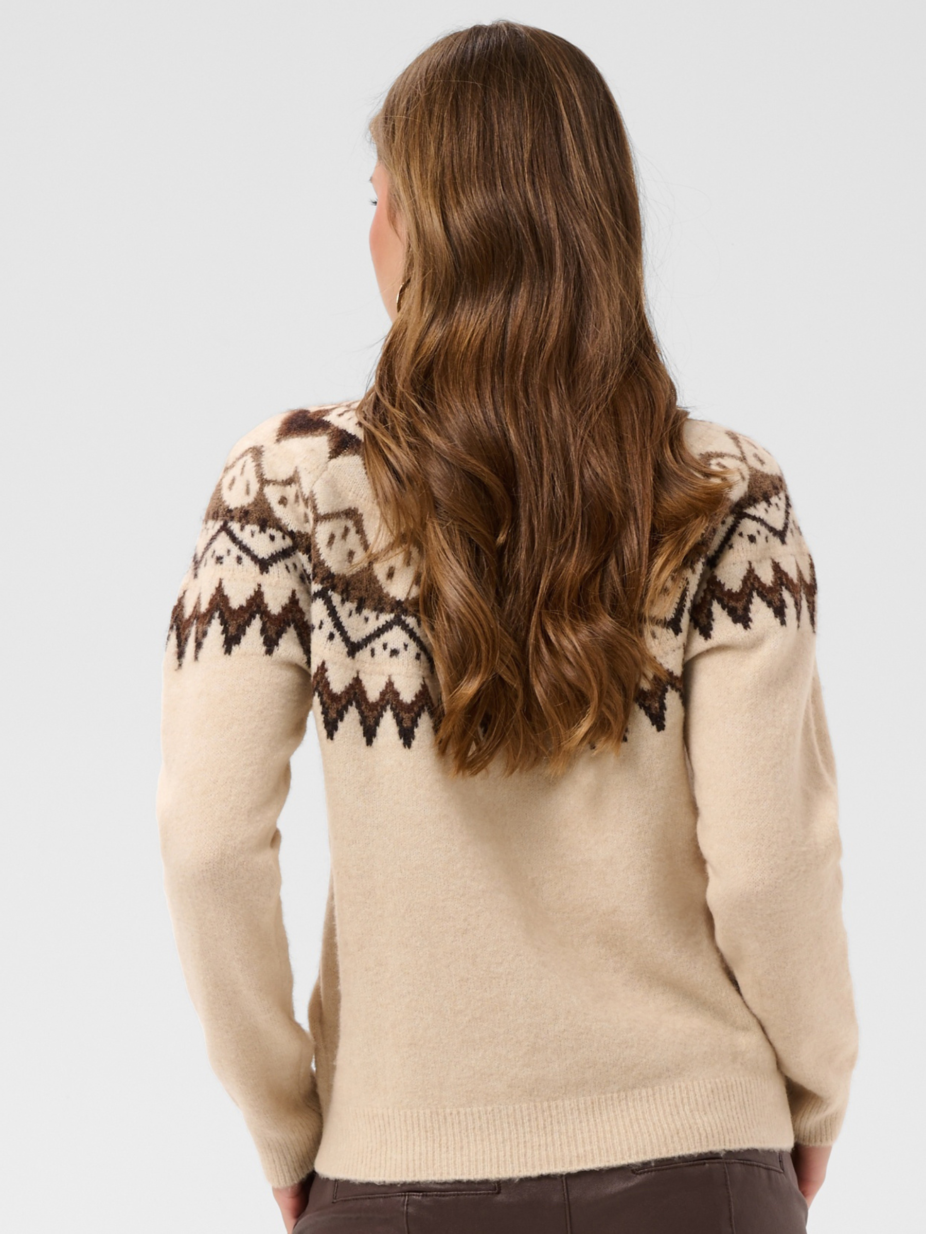 Cream Cherrie Pullover with round neckline, long sleeves, patterned yoke detail and relaxed hip-length fit