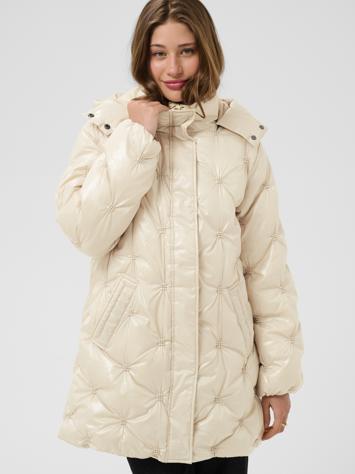 Cream Drakie Midi Jacket quilted padded mid thigh coat with hood