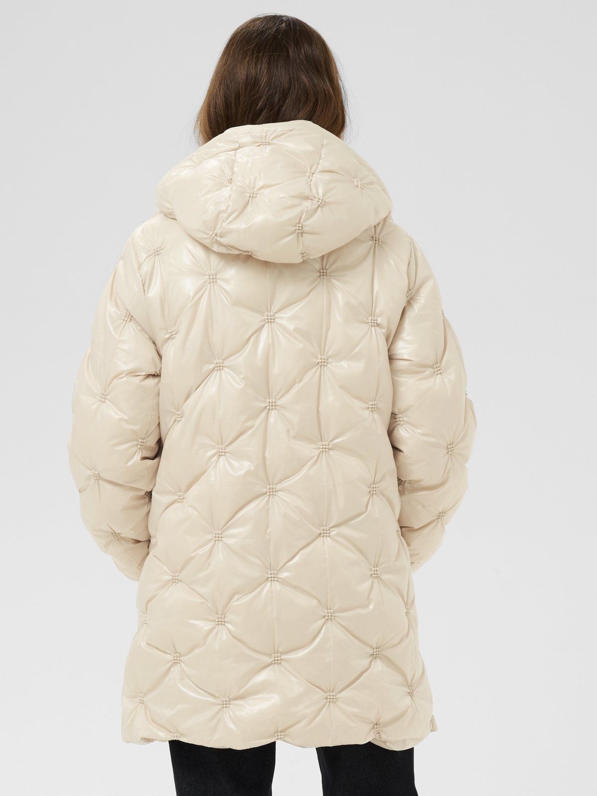 Cream Drakie Midi Jacket quilted padded mid thigh coat with hood