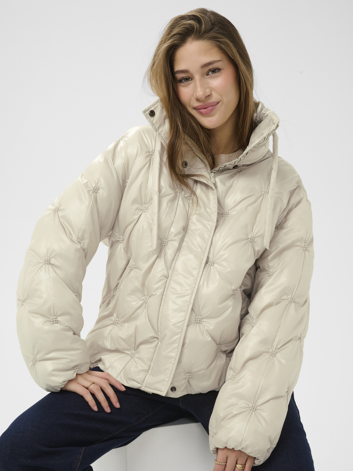 Cream Drakie Short Jacket loose fit quilted hip length padded jacket with drawstring neckline
