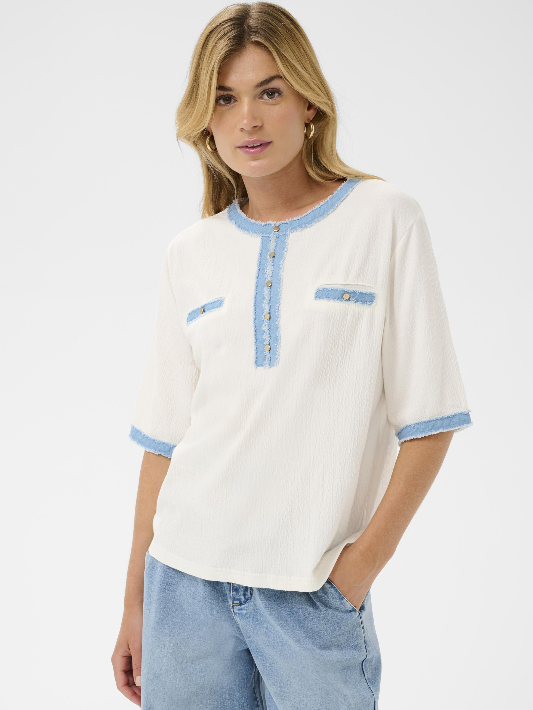 Cream Katti T-Shirt with contrast trim detail, short sleeves and decorative gold-tone buttons.
