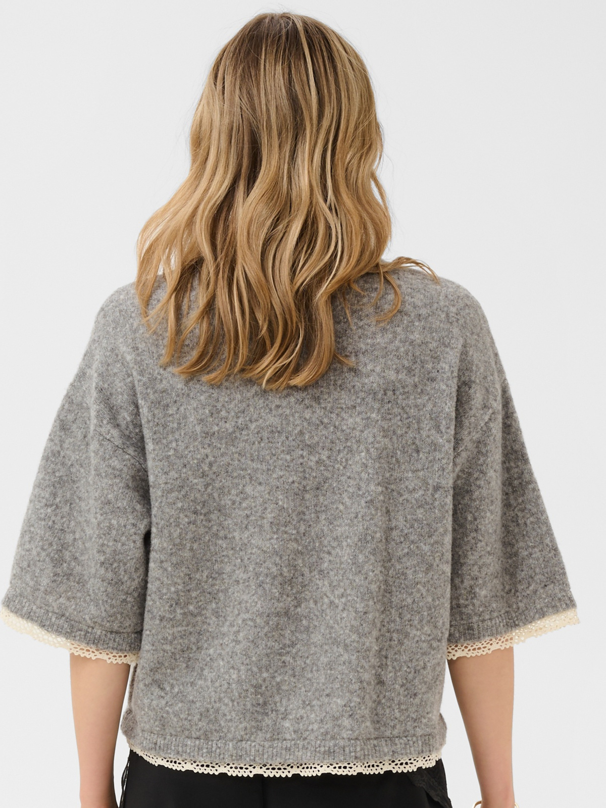 Cream Kibana Knit Pullover with round neckline, relaxed sleeves, lace trim and short length