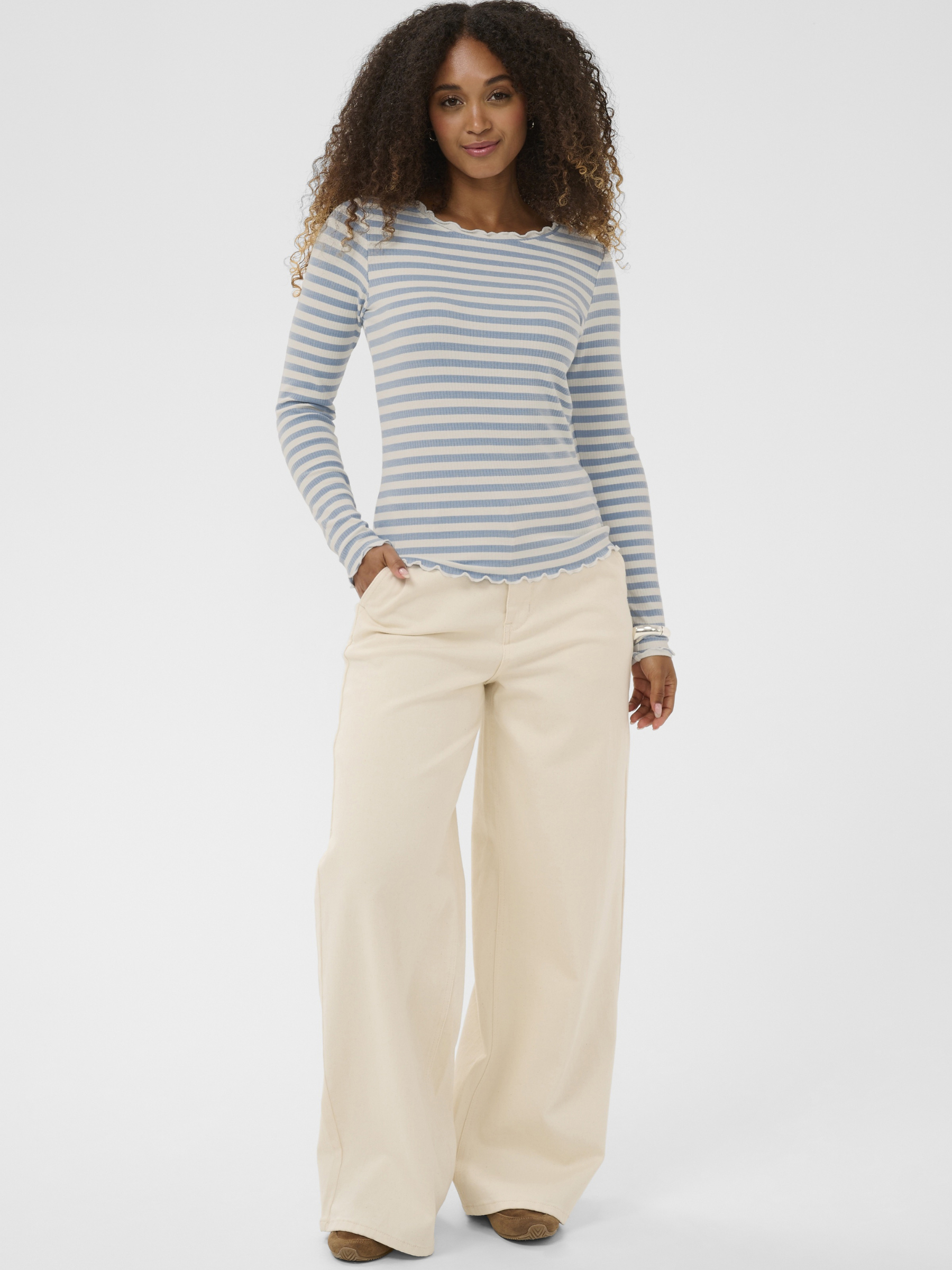 Cream Ribba Stripe Longsleeve women’s regular fit striped top with long sleeves and hip-length cut, styled casually.