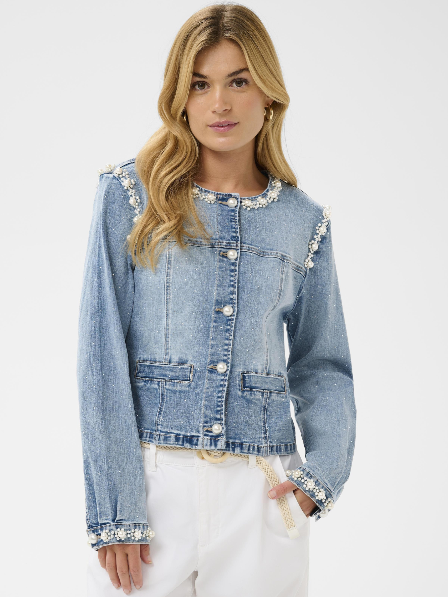 Cream Sio Denim Jacket with pearl embellishment and pearl button fastening in stretch cotton denim.