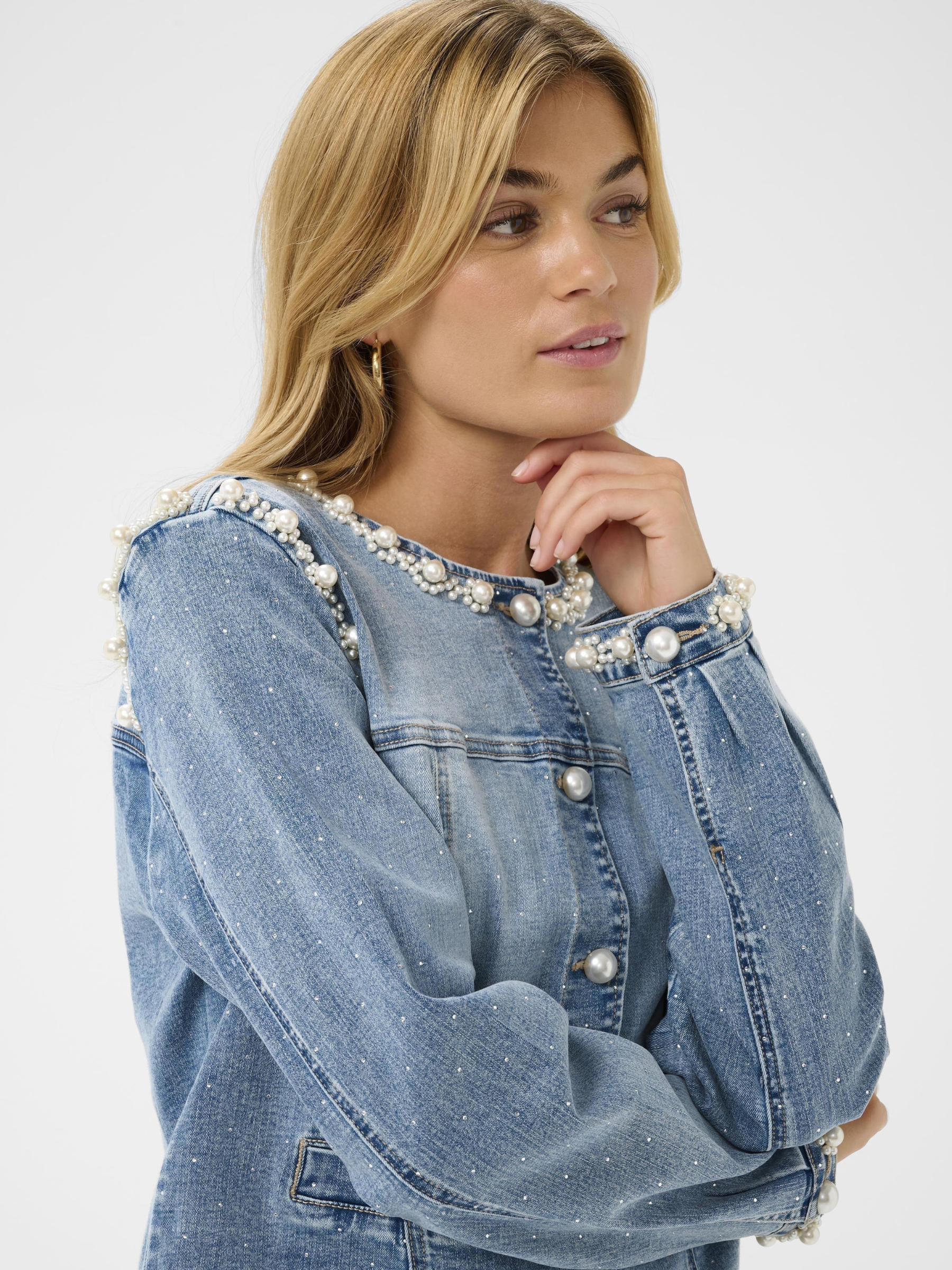 Cream Sio Denim Jacket with pearl embellishment and pearl button fastening in stretch cotton denim.