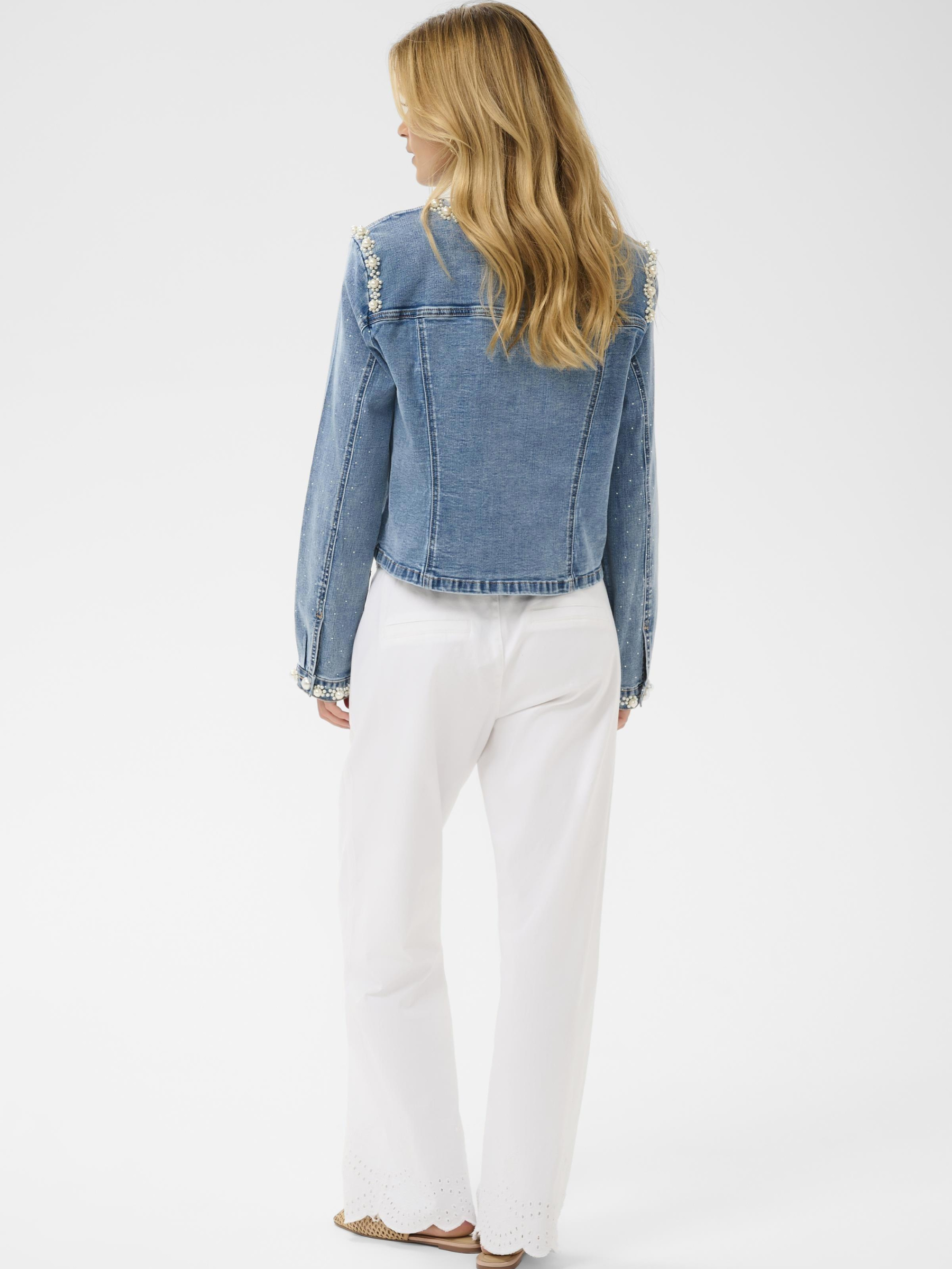 Cream Sio Denim Jacket with pearl embellishment and pearl button fastening in stretch cotton denim.