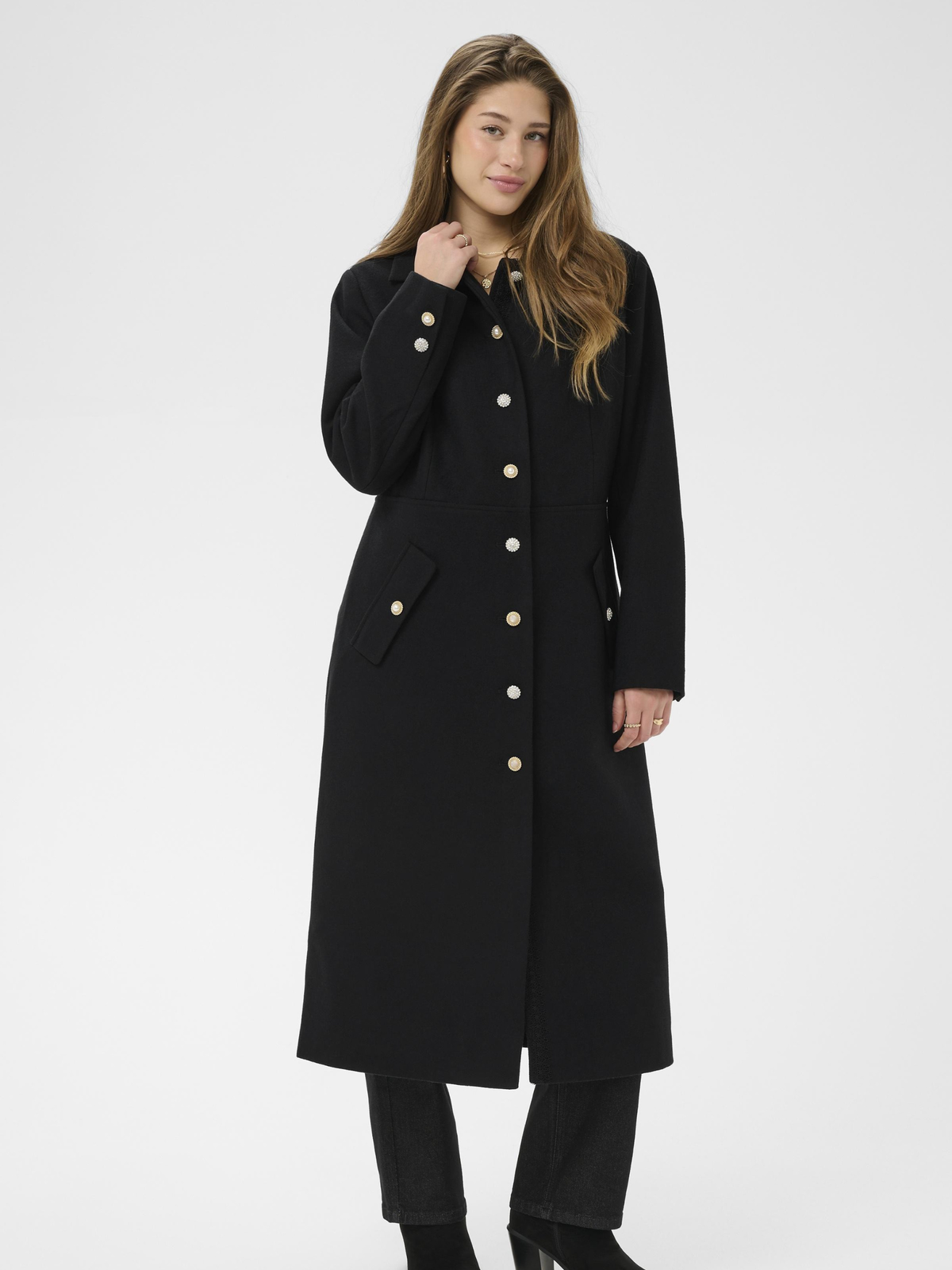 Cream Tolsa Long Coat feminine fit midi length tailored coat with button fastening