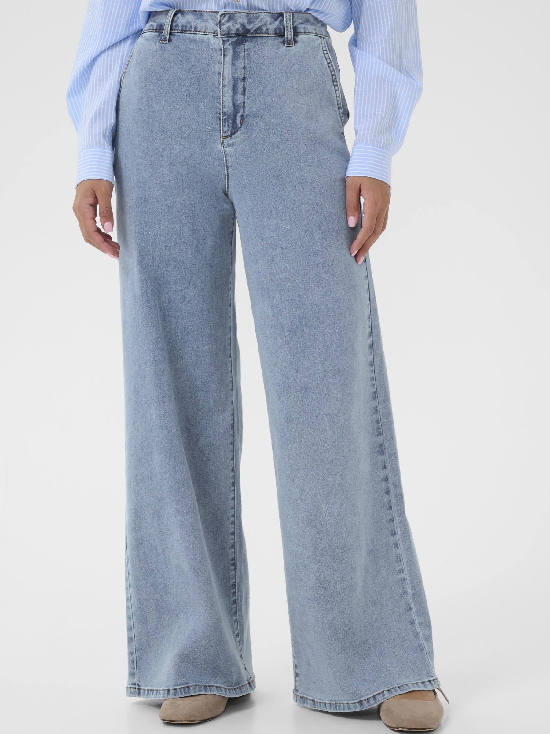 Cream Visti women’s high-waist straight-leg trousers with full-length fit and stretch denim fabric for everyday wear.