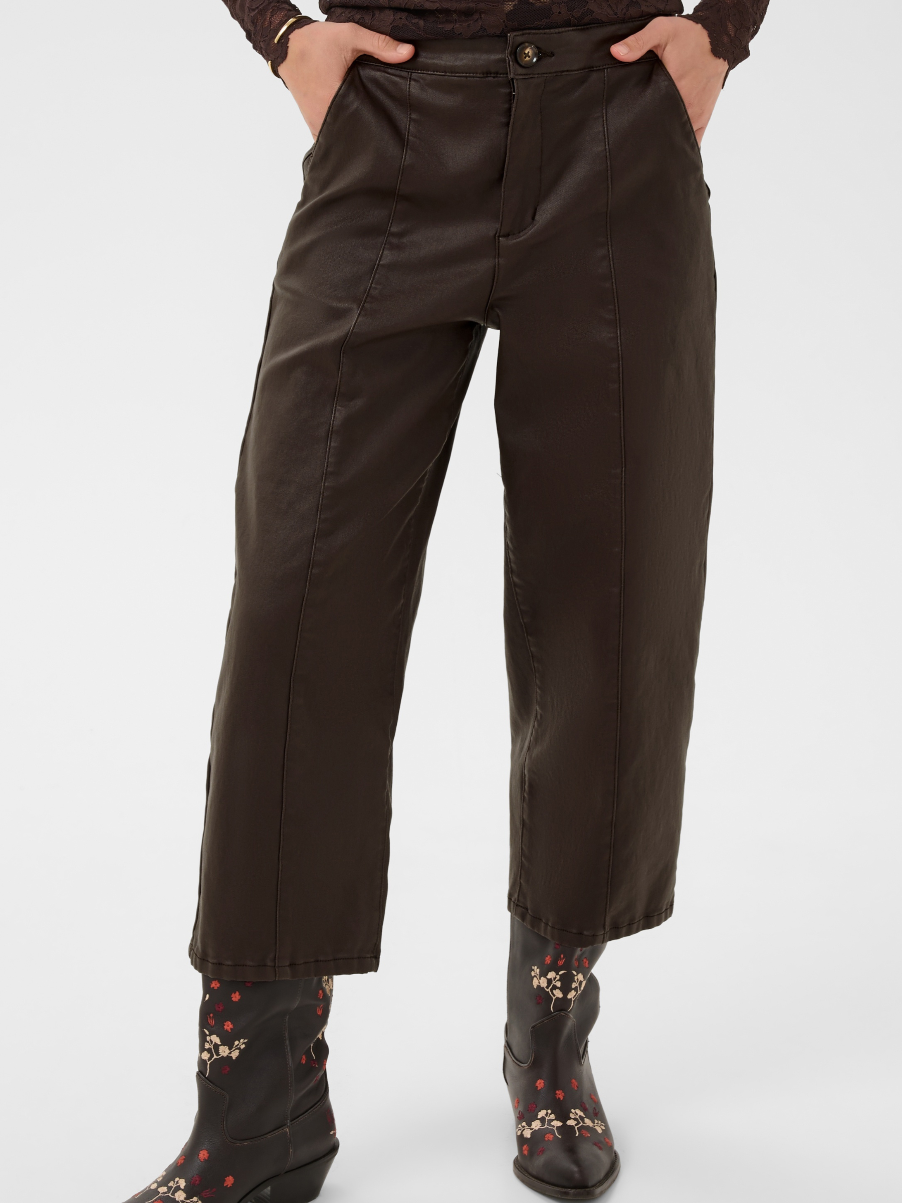 Cream Winni Ankle Pant with coated finish, straight leg shape, button fastening and ankle length