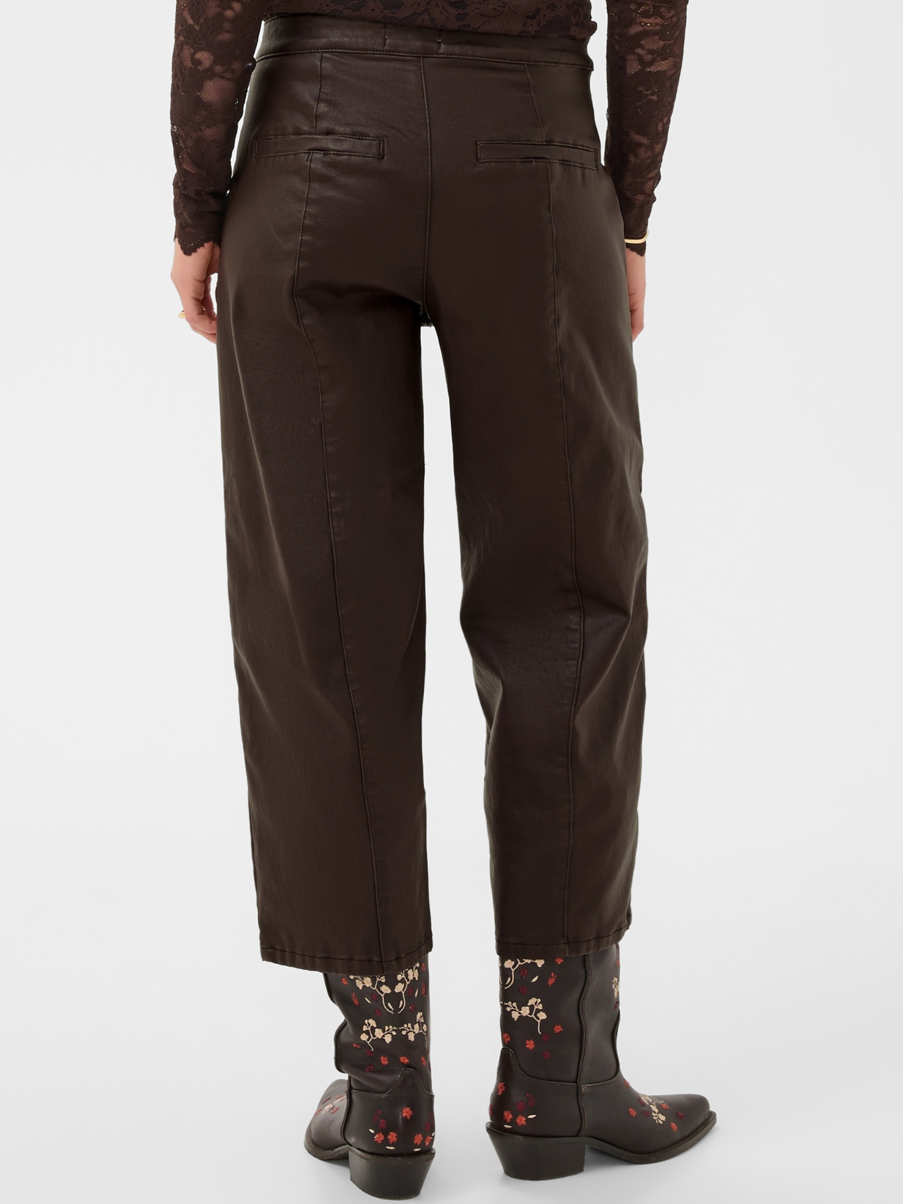 Cream Winni Ankle Pant with coated finish, straight leg shape, button fastening and ankle length