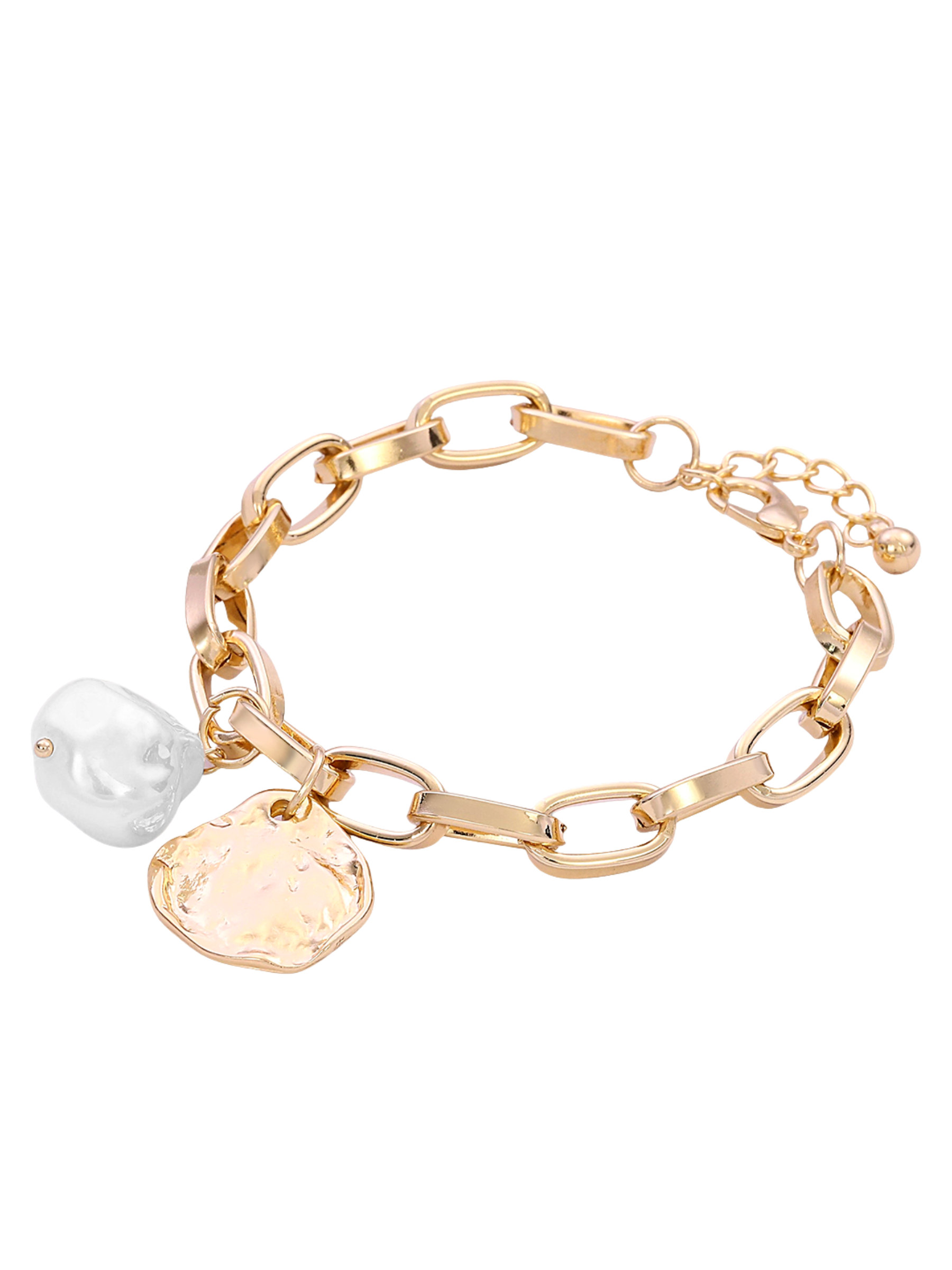 D&X DB2310K Gold Tone Pearl and Disc Pendant Clasp Bracelet – gold-tone plated alloy bracelet with chunky chain, textured disc charm and pearl pendant, modern fashion jewellery.