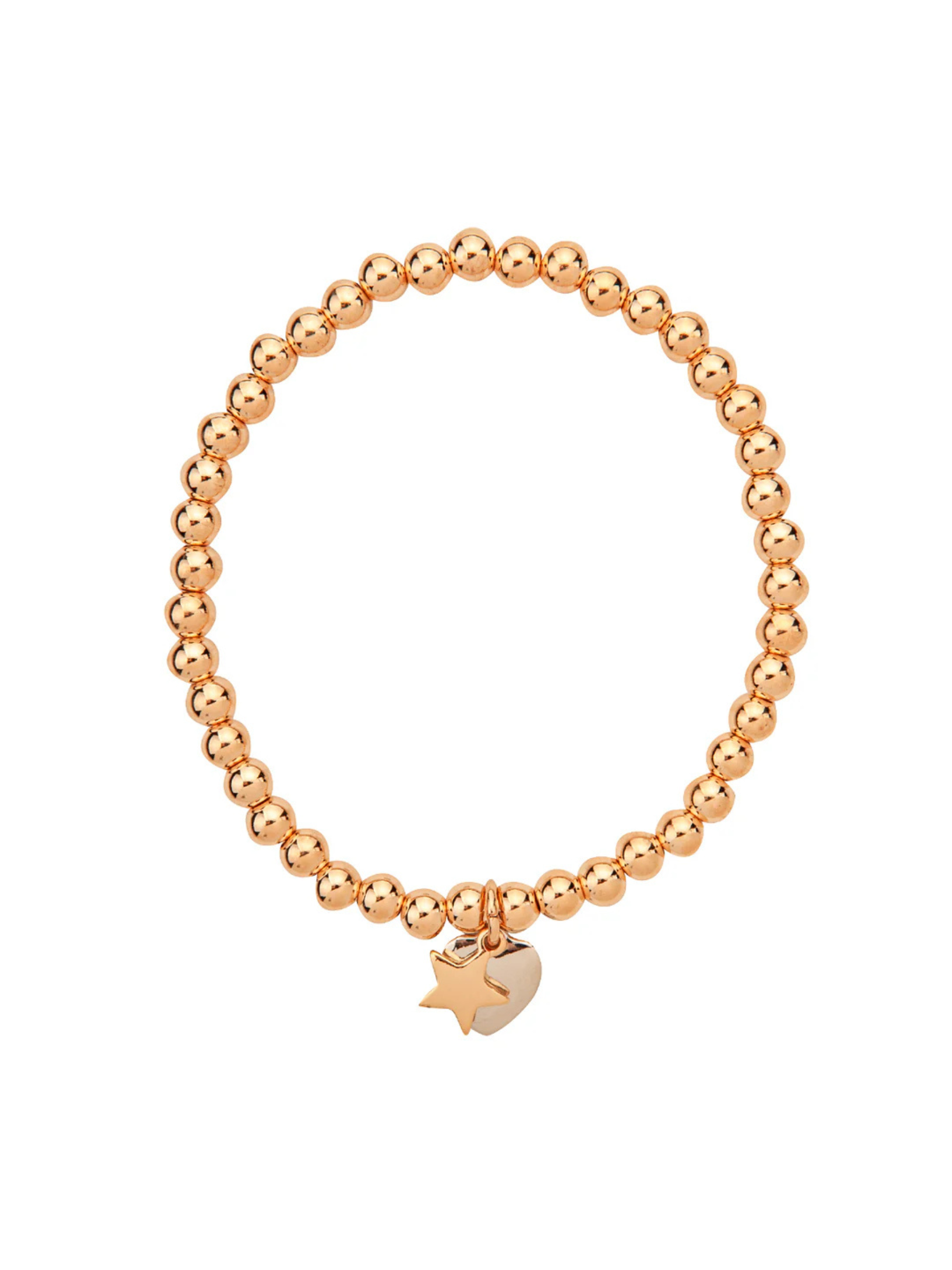 D&X DB1942K Gold Tone Star and White Gold Heart Pendant Elasticated Beaded Bracelet – chic gold-tone beaded bracelet with star and heart pendants, versatile women’s fashion jewellery for everyday wear and layering.