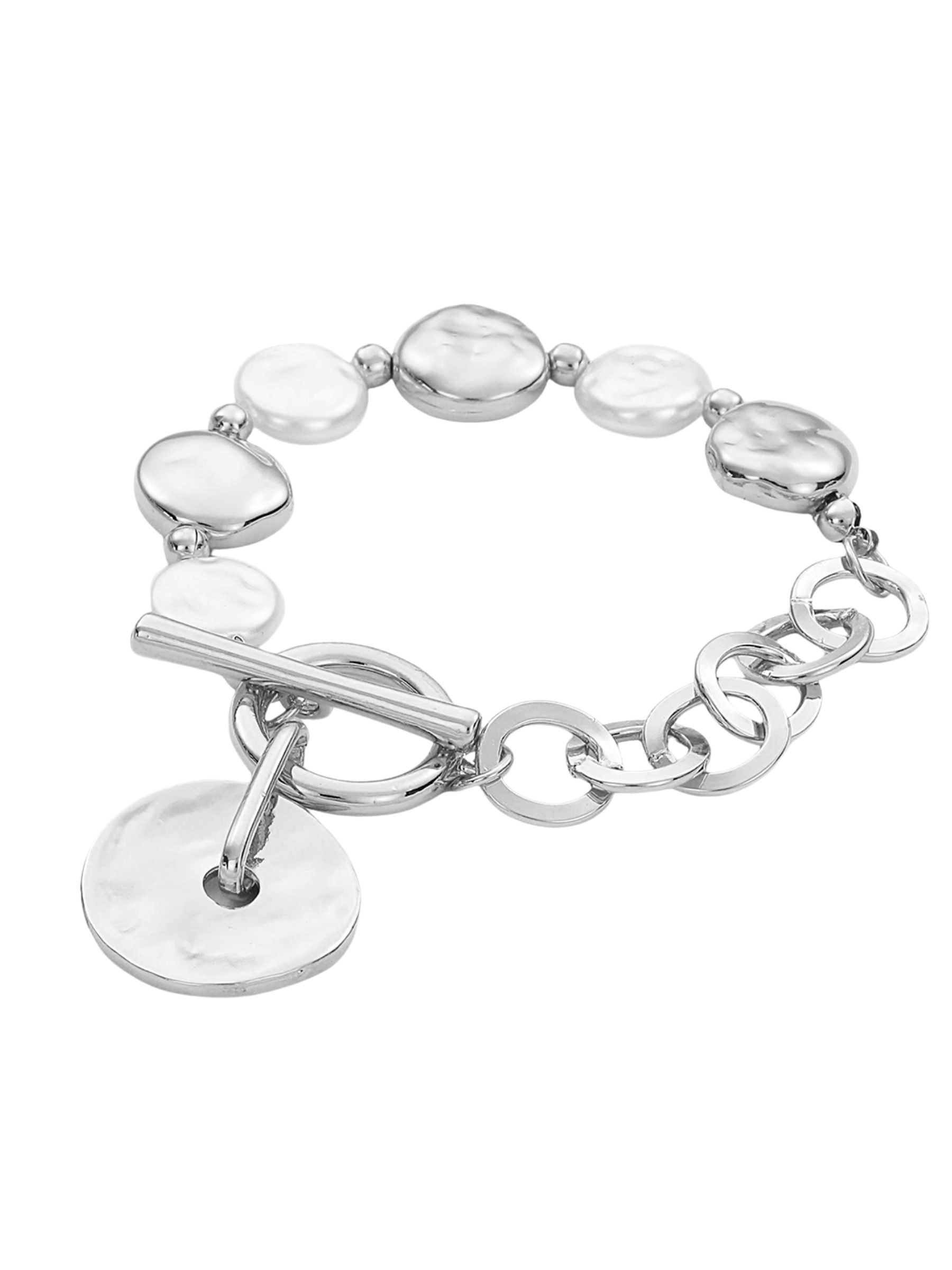 D&X DB2311S White Gold Tone Pearl and Disc Pendant T-Bar Bracelet – elegant white gold plated bracelet with faux pearls, textured disc charm and modern T-bar fastening.