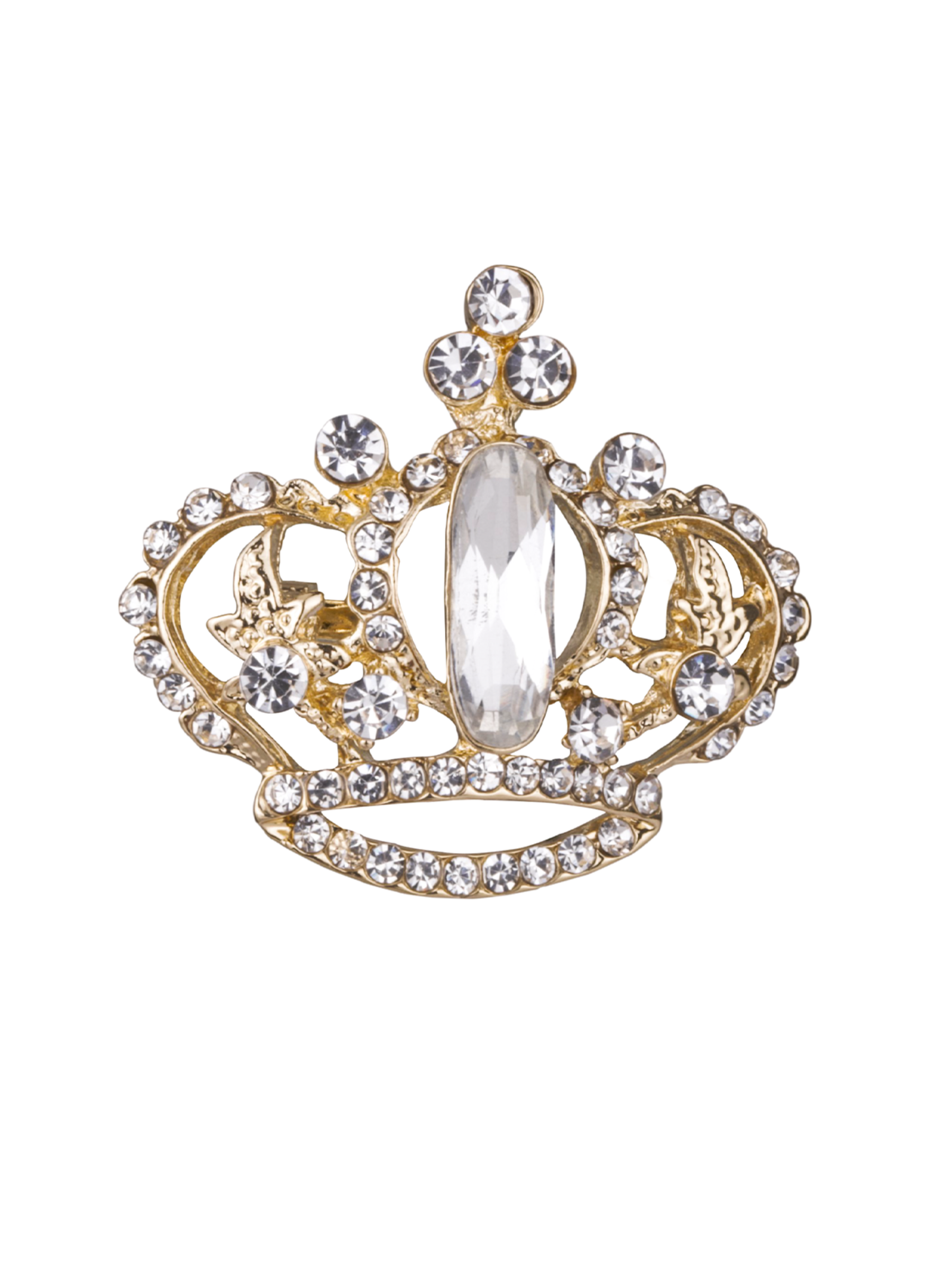 D&X DC0141K Gold Tone Crystal Crown Brooch – regal gold crown brooch with sparkling crystal detailing, elegant women’s accessory for formal and occasion wear.