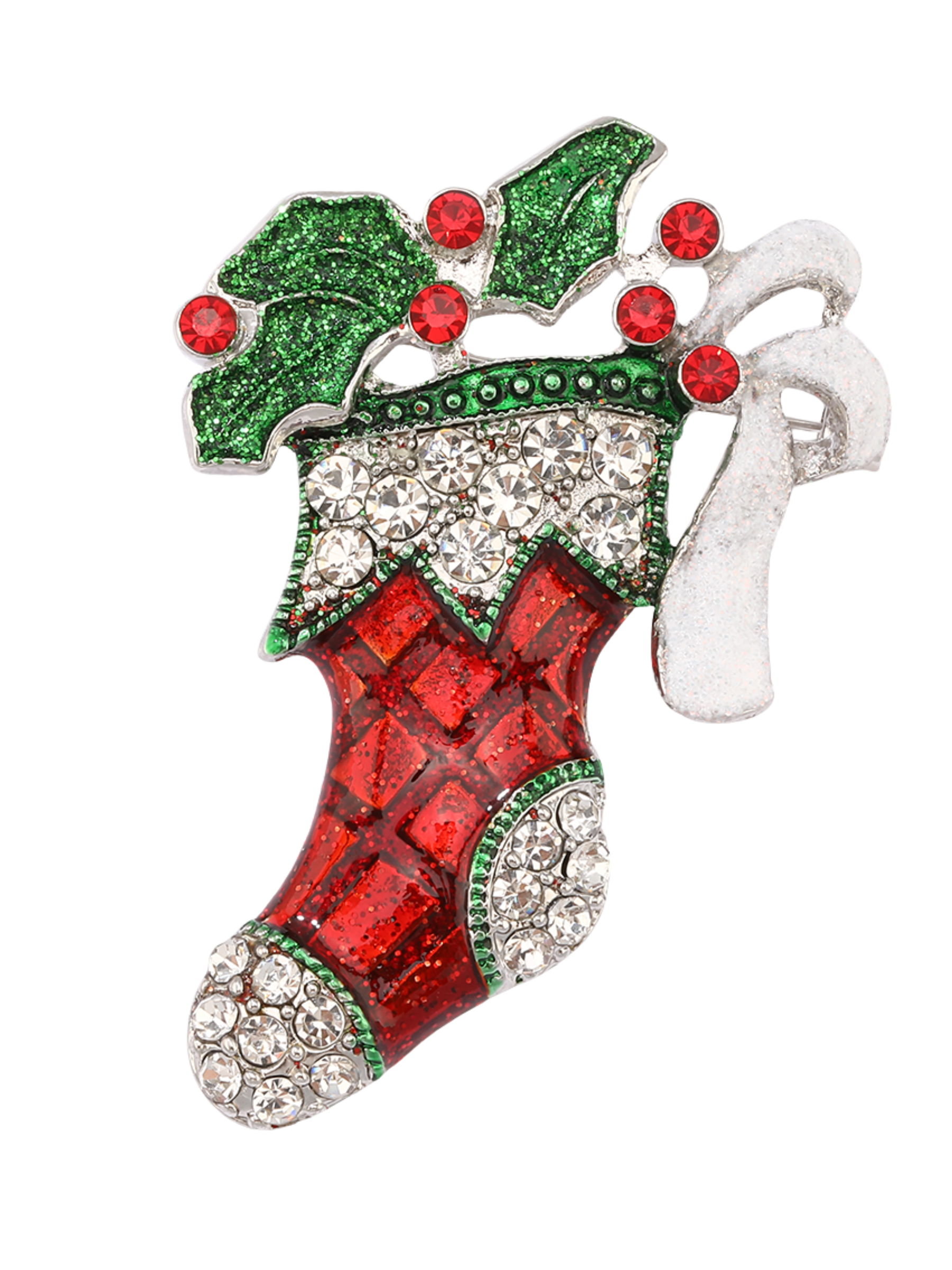 D&X DC0206A White Gold Crystal Christmas Stocking Brooch – festive jewellery pin with sparkling crystals, holiday accessory for coats, scarves and jumpers.