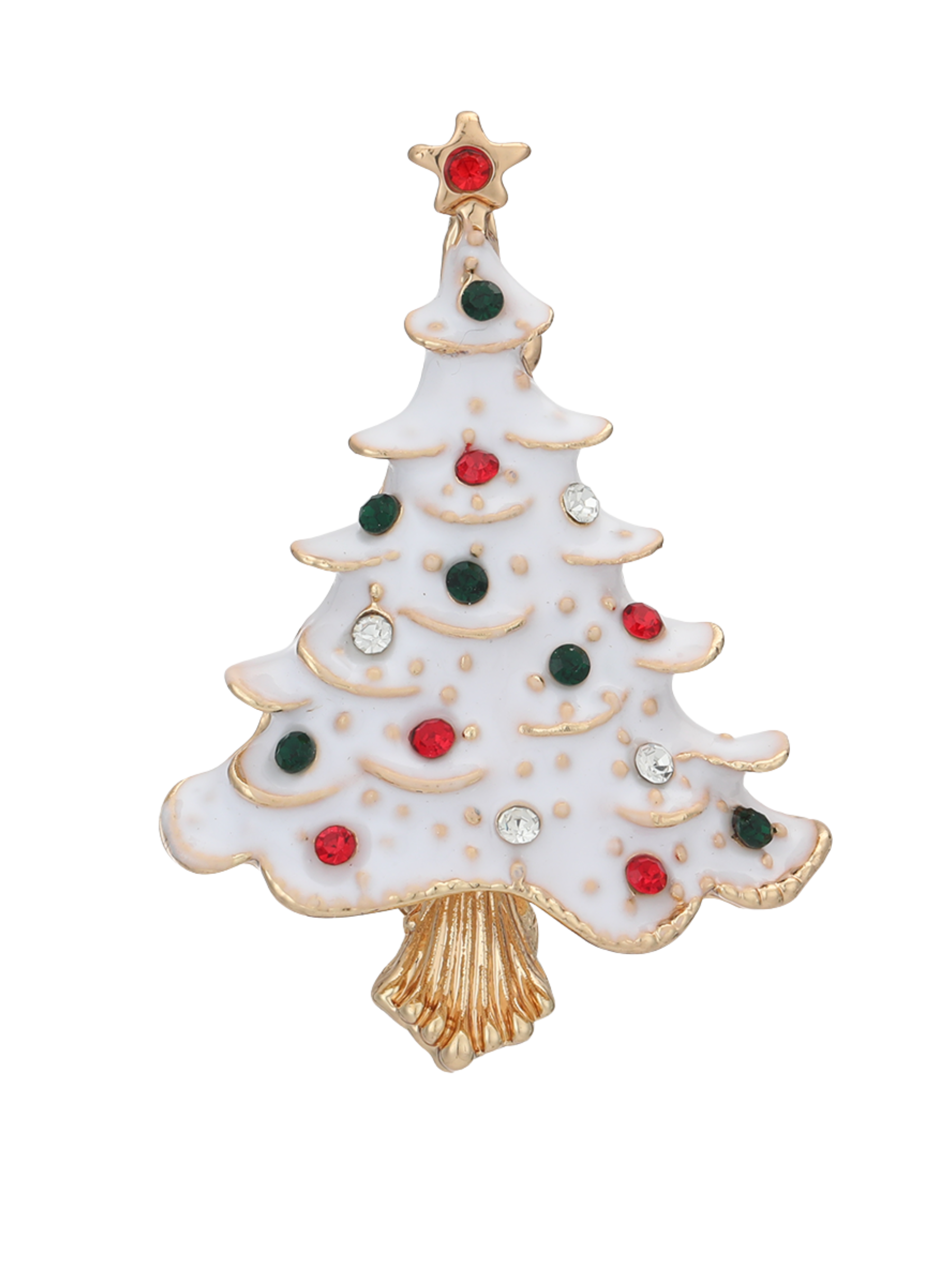 D&X DC0227K Gold Tone White Christmas Tree Brooch – festive holiday brooch with enamel and crystal detailing, elegant women’s Christmas accessory.