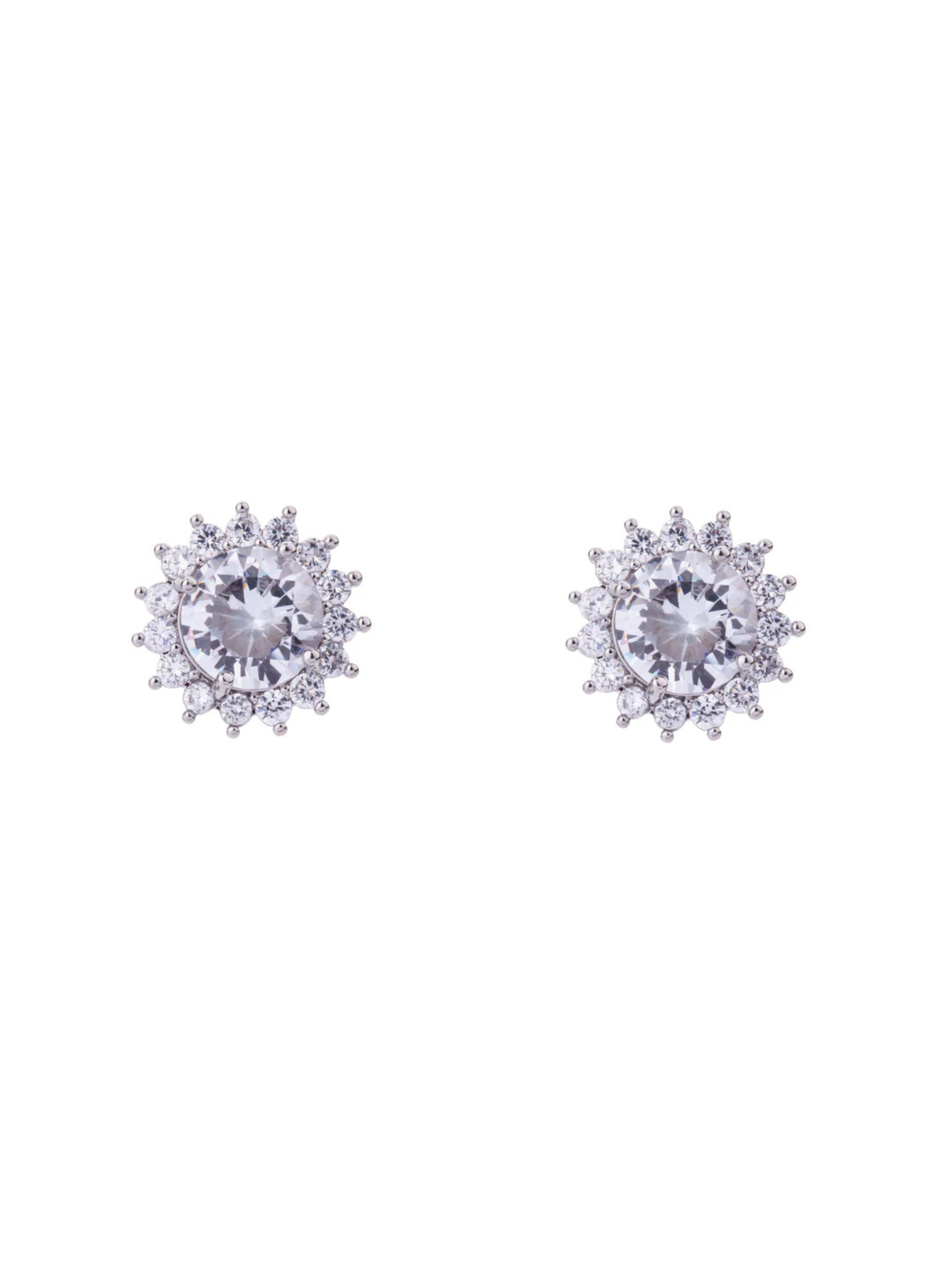 D&X DE0461R White Gold Zirconia Stud Earrings – radiant cubic zirconia halo studs with white gold plated finish, elegant women’s jewellery for everyday wear and special occasions.