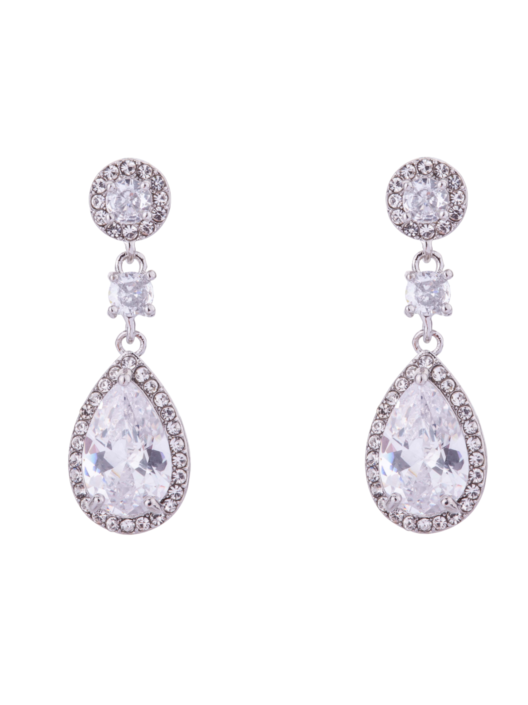 D&X DE1035R White Gold Zirconia Teardrop Post Earrings – sparkling teardrop cubic zirconia earrings with white gold plated finish, elegant women’s jewellery for special occasions and everyday style.