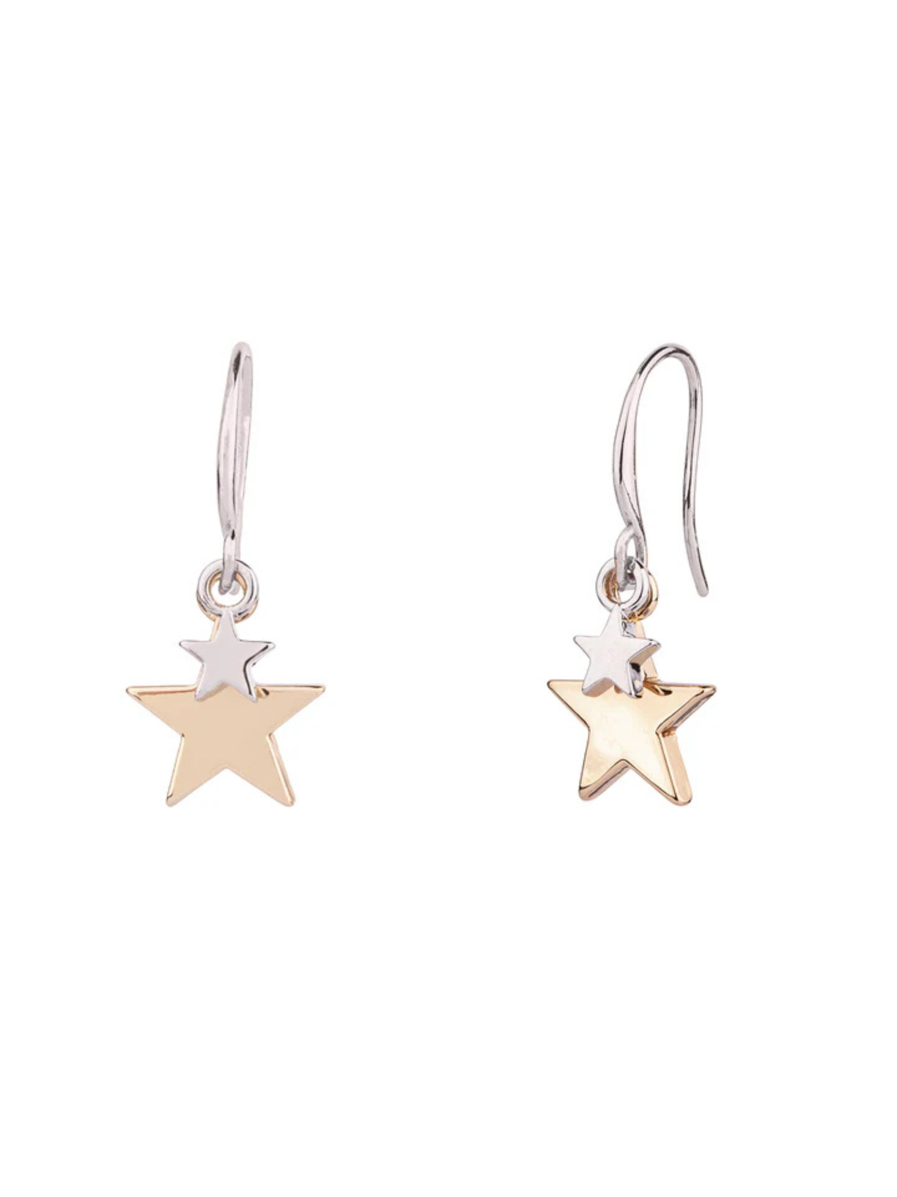 D&X DE1053R Earrings – stainless steel two-tone hook drop earrings with mixed gold and white gold star charms, perfect for celestial and modern jewellery styling.