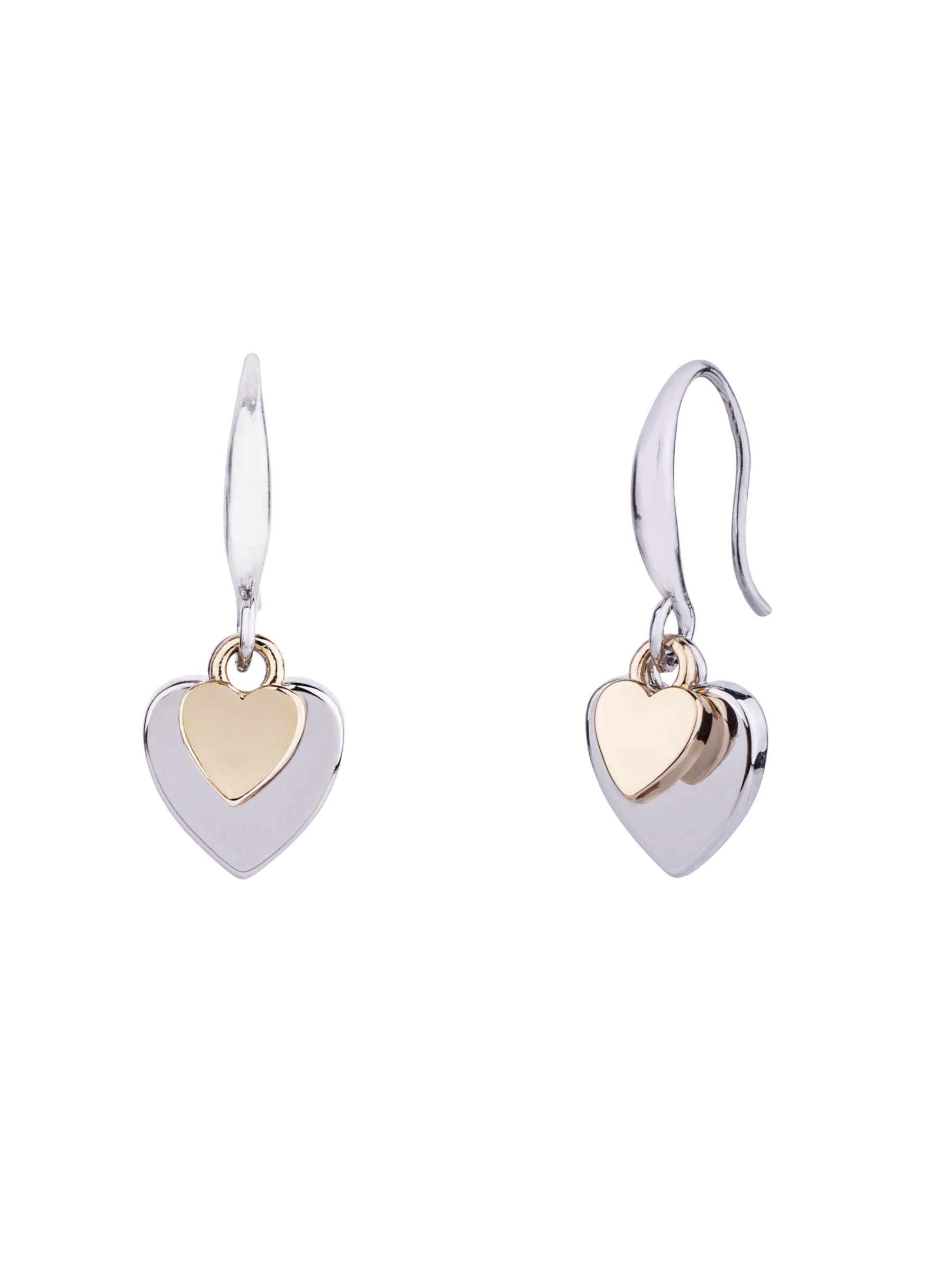 D&X DE1054R White Gold Heart Charm Drop Earrings – elegant white gold plated stainless steel drop earrings with mixed-tone heart charms, perfect for modern romantic style.