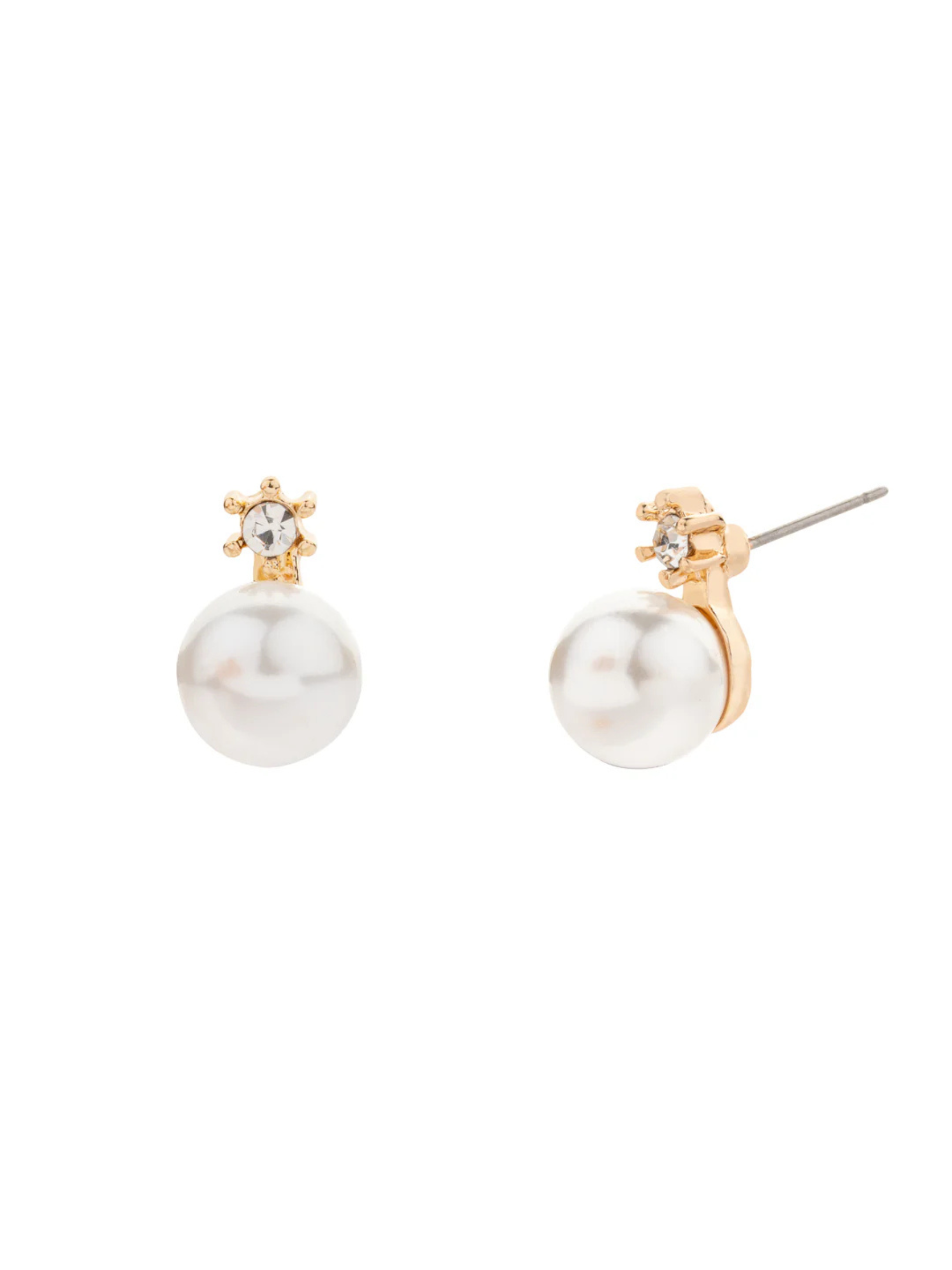 D&X DE1123K Earrings – elegant gold plated stud earrings with pearl and sparkling cubic zirconia, perfect for classic and timeless style.