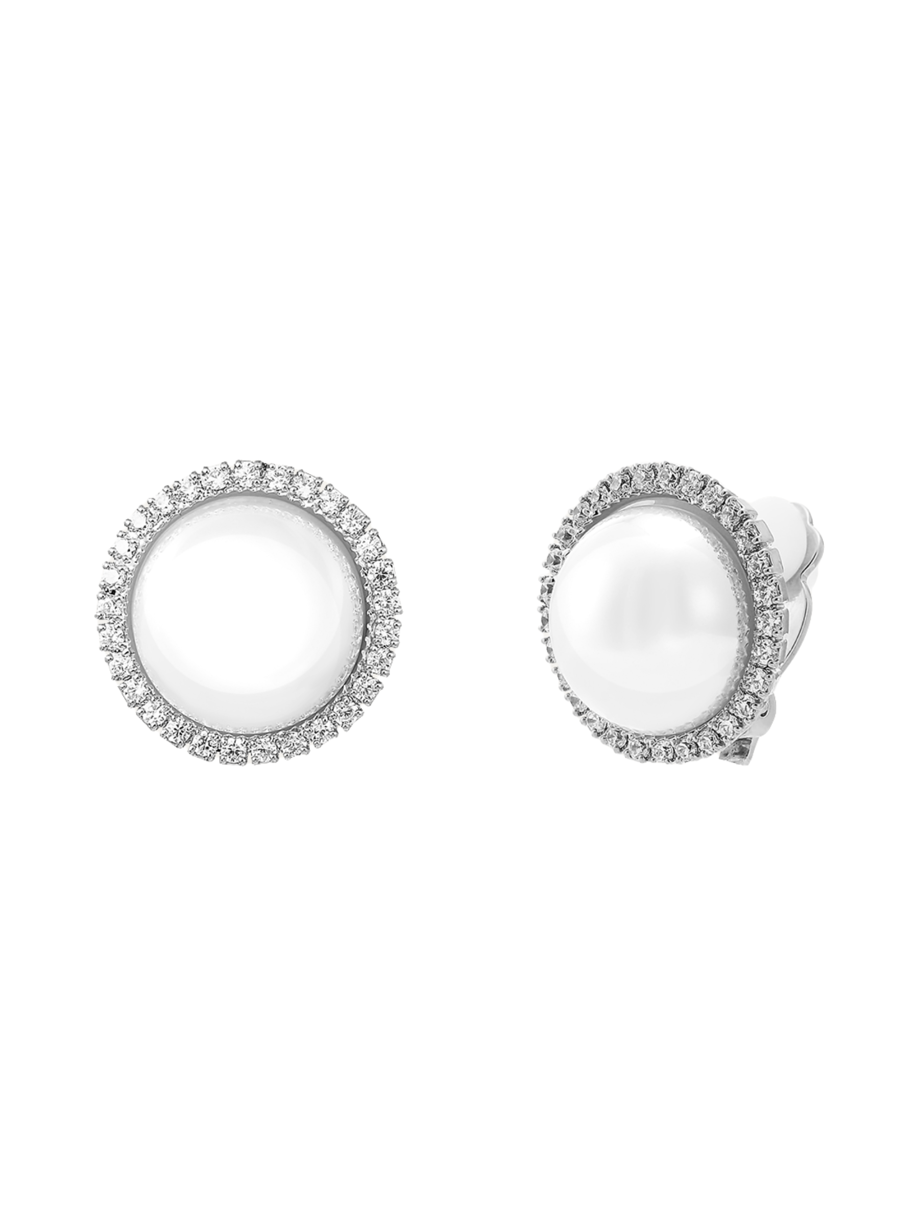 D&X DE1154R White Gold Plated Zirconia Crystal Framed Pearl Clip-On Earrings – elegant faux pearl and cubic zirconia clip-on earrings for women, timeless jewellery for weddings, parties and evening wear.
