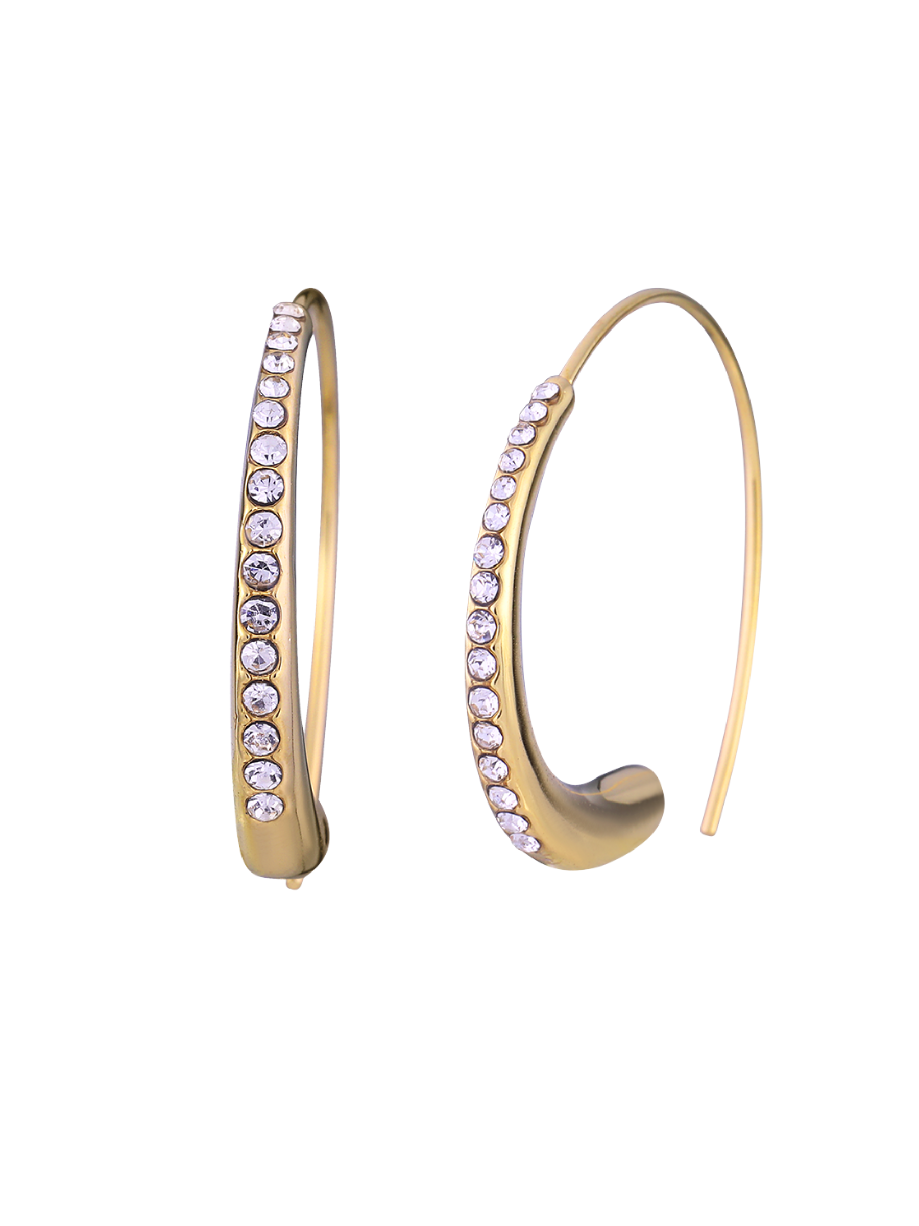 D&X DE1191K gold curved hook earrings with crystals – elegant 18K gold-plated stainless steel women’s jewellery for day-to-night style.