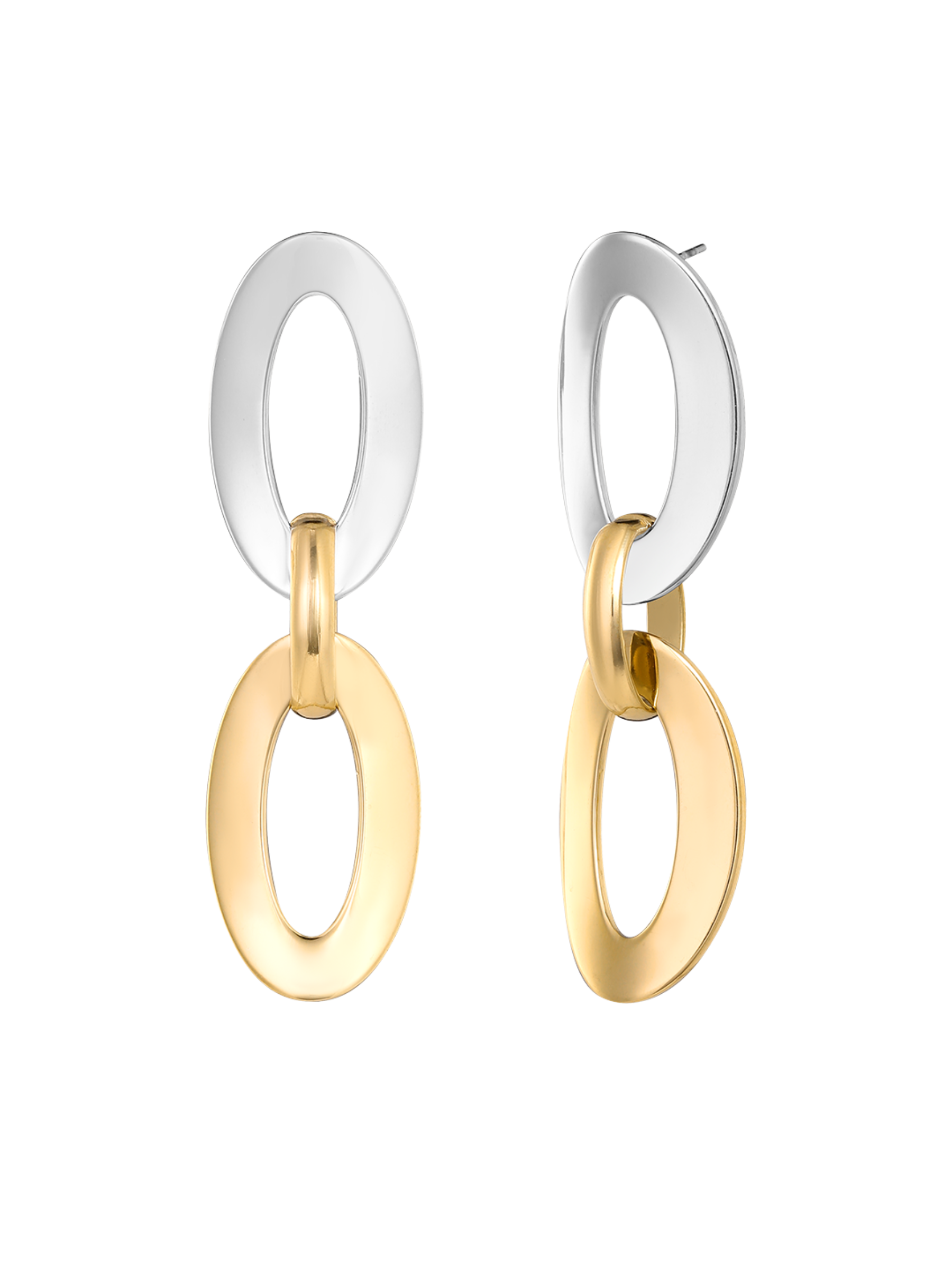 D&X DE1251M Gold & White Gold Oval Drop Earrings – contemporary stainless steel drop earrings with interlocked gold and white gold-toned ovals, perfect for modern elegance.