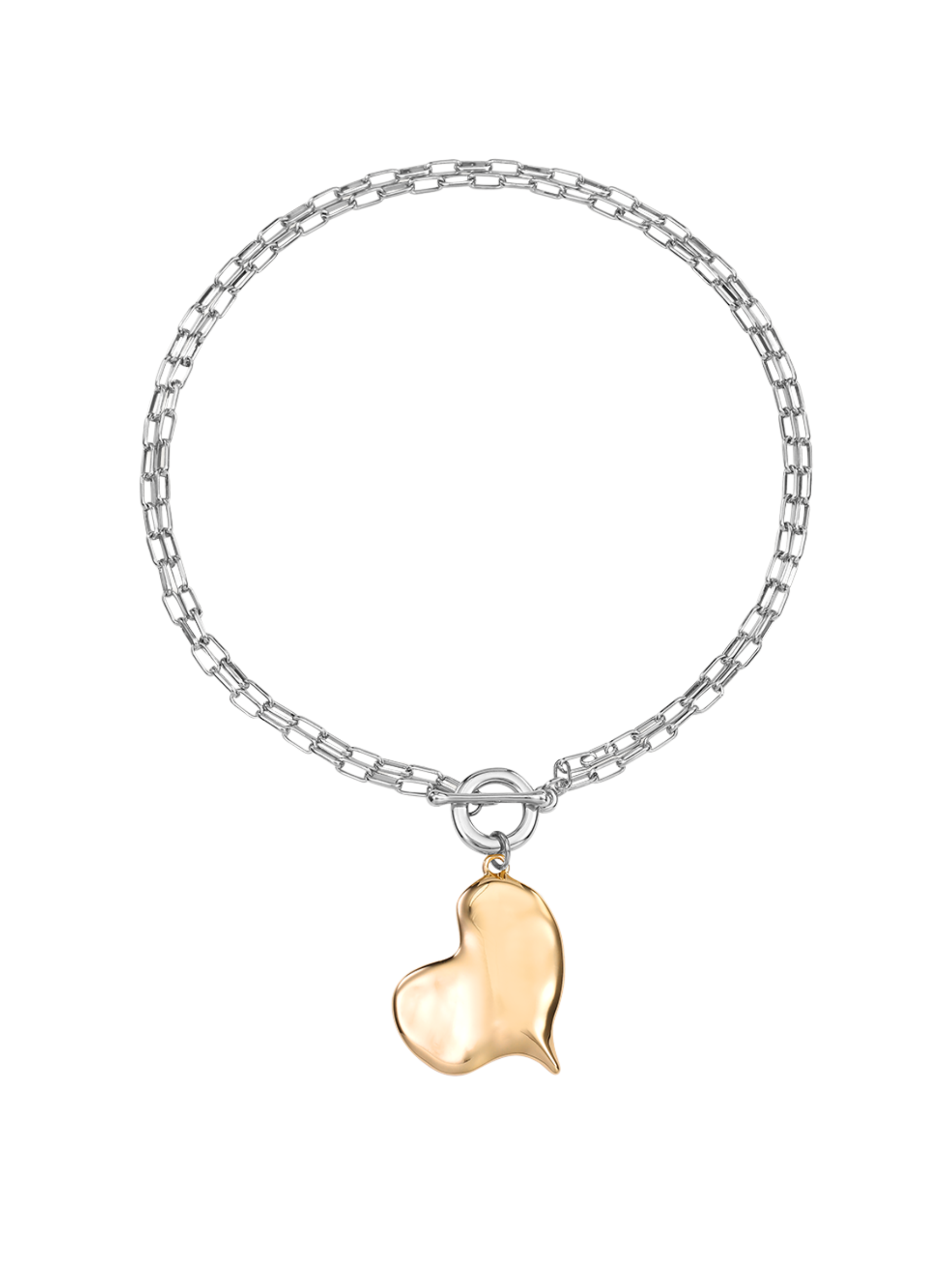 D&X DN2671C Gold & Silver Tone Heart Pendant T-Bar Necklace – elegant mixed-metal necklace with silver chain and gold textured heart pendant, secured with a T-bar clasp.