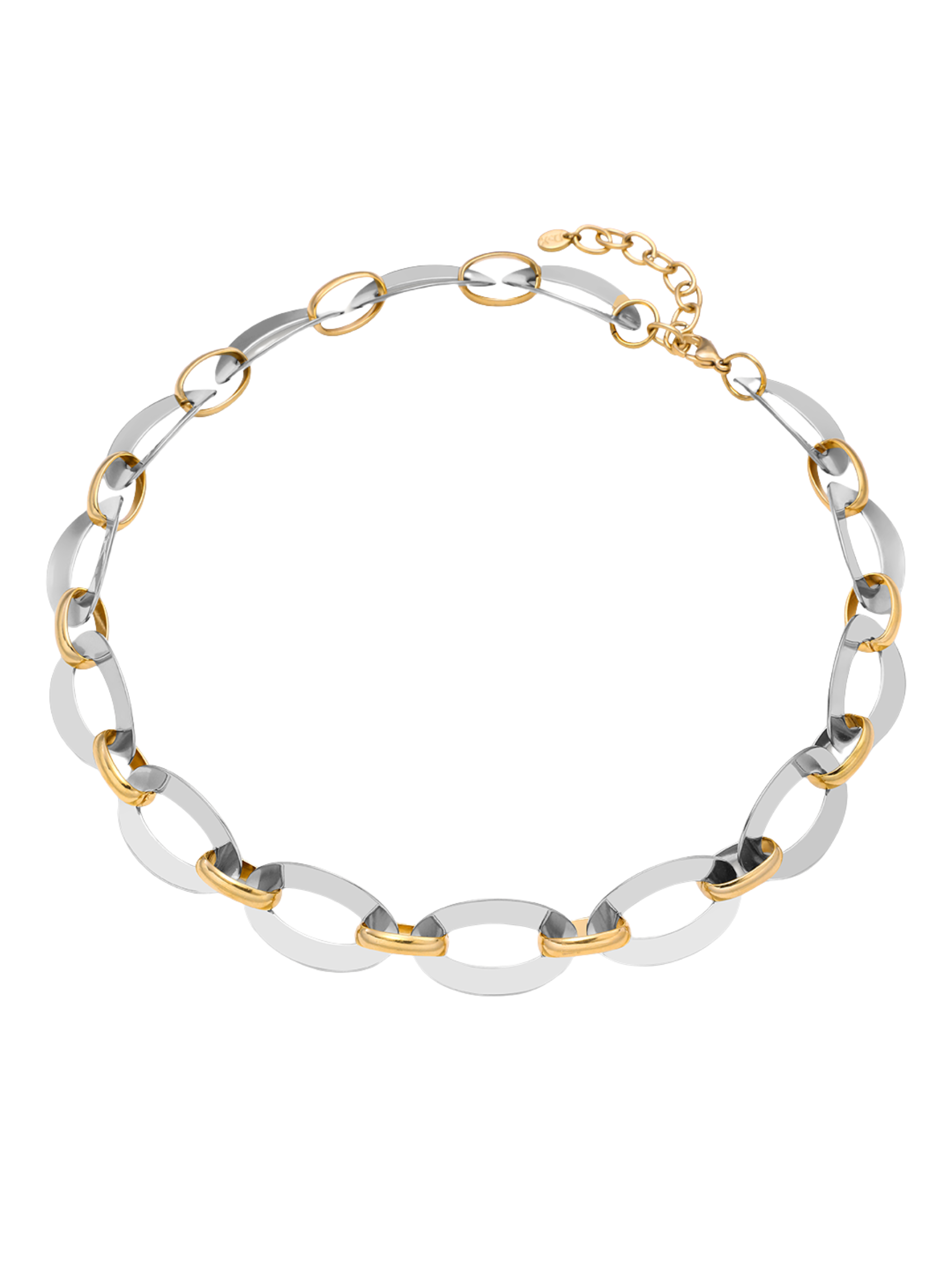 D&X DN2770M Gold and White Gold Links Clasp Necklace – stainless steel two-tone oval link necklace with gold and white gold plating, modern clasp design for versatile everyday and evening style