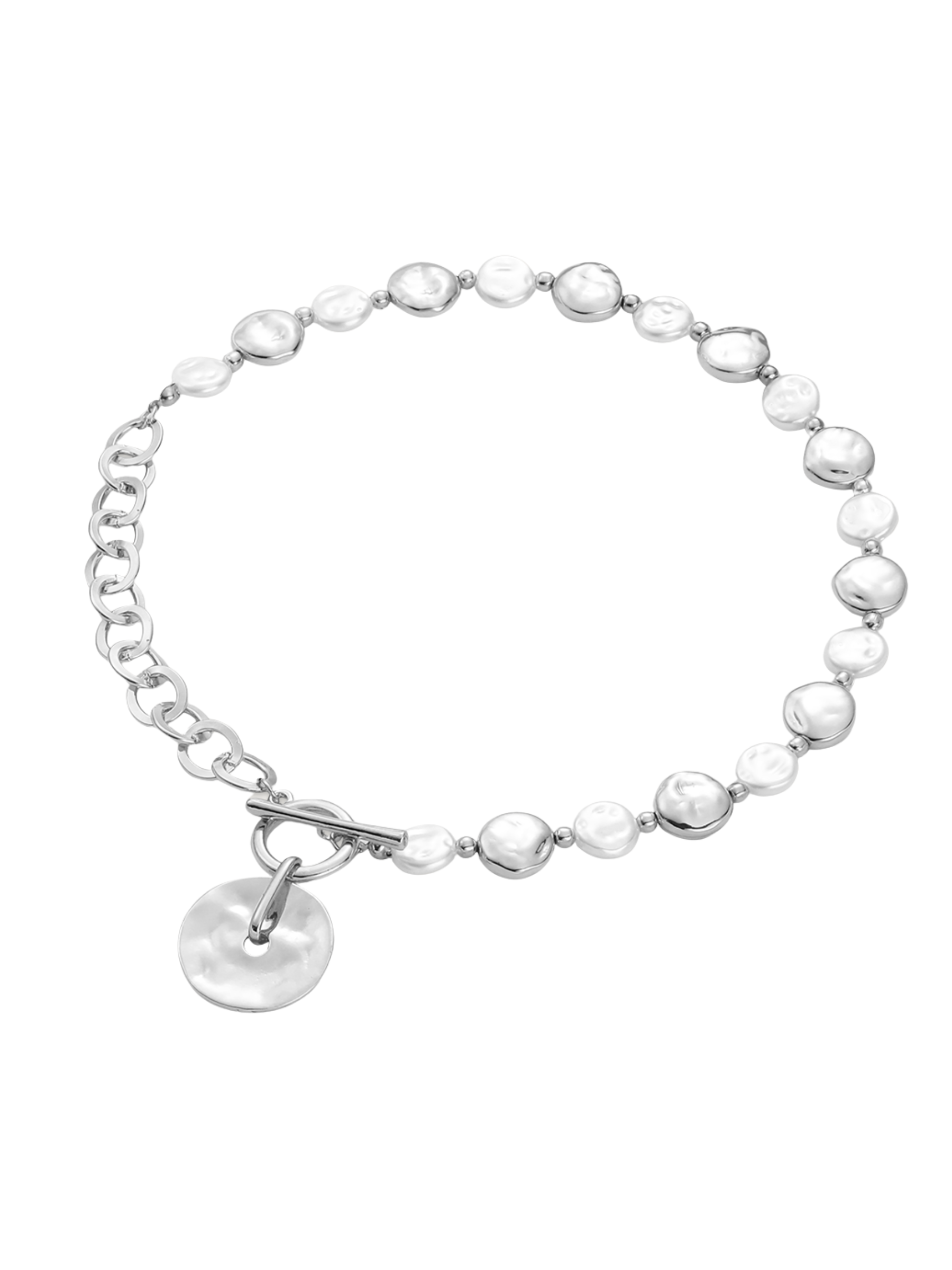 D&X DN2812S White Gold T-Bar Pearl and Disc Necklace – elegant white gold plated necklace with faux pearls, textured disc charm, and secure T-bar fastening.