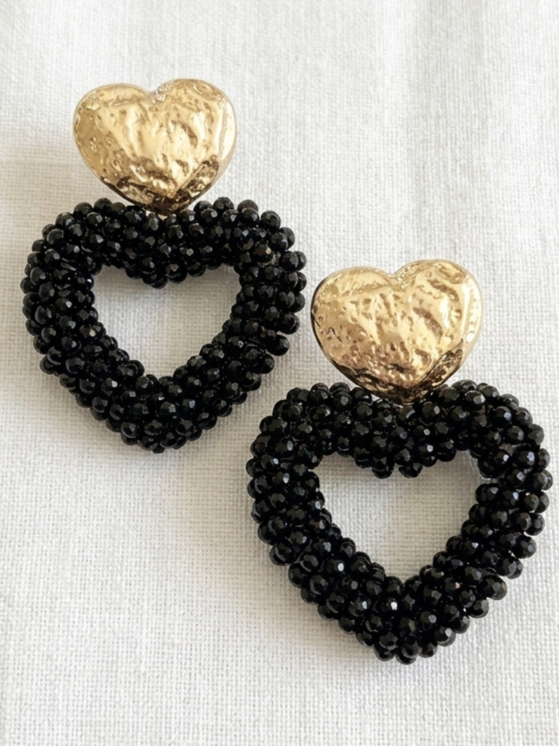 Envy 4734 Heart Shaped Faceted Beaded Earrings with textured heart studs and open heart drops covered in faceted beads.