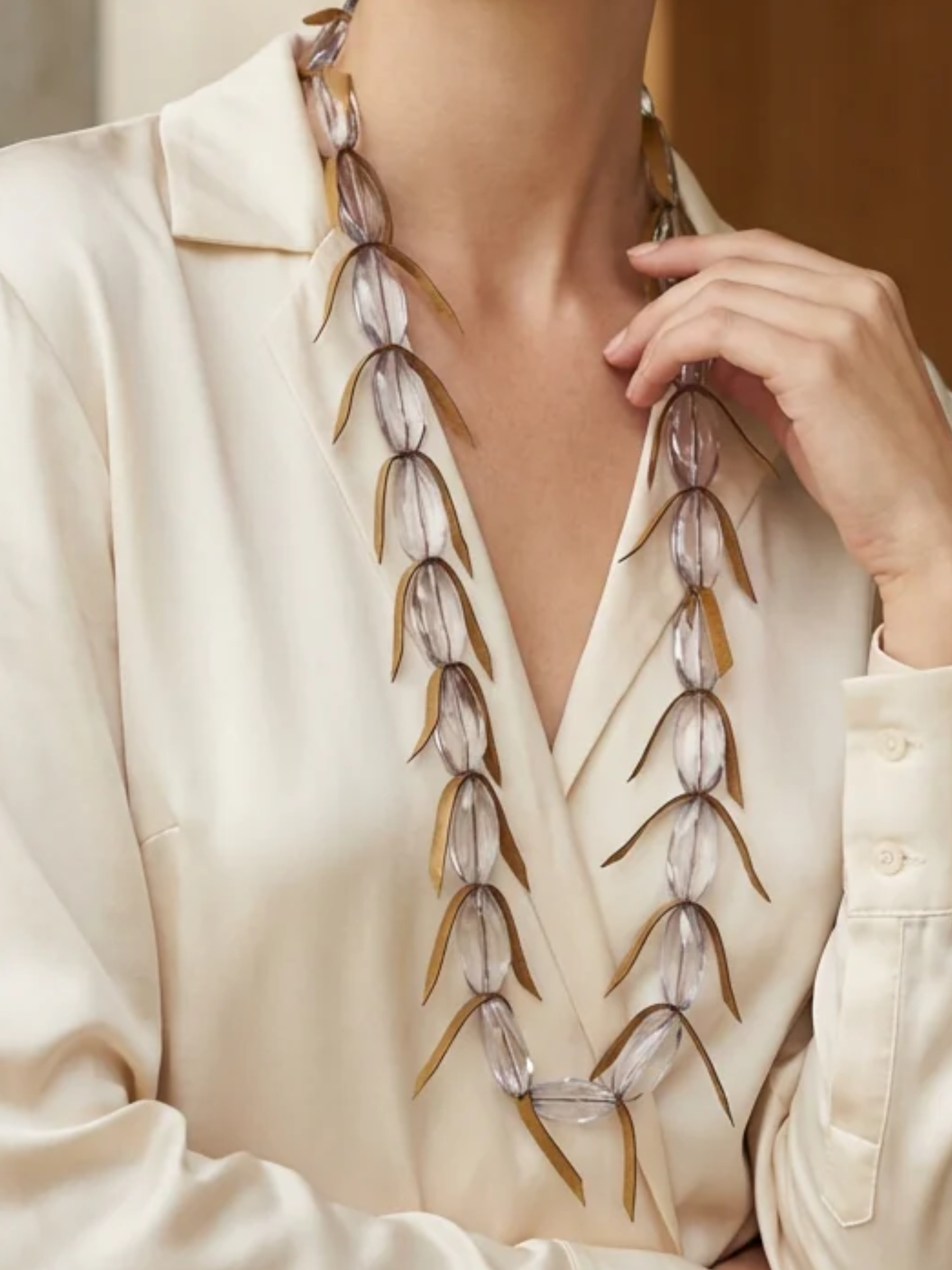 Envy 4743 Frosted Beaded Feathered Necklace with elongated frosted beads and feather-inspired accents.