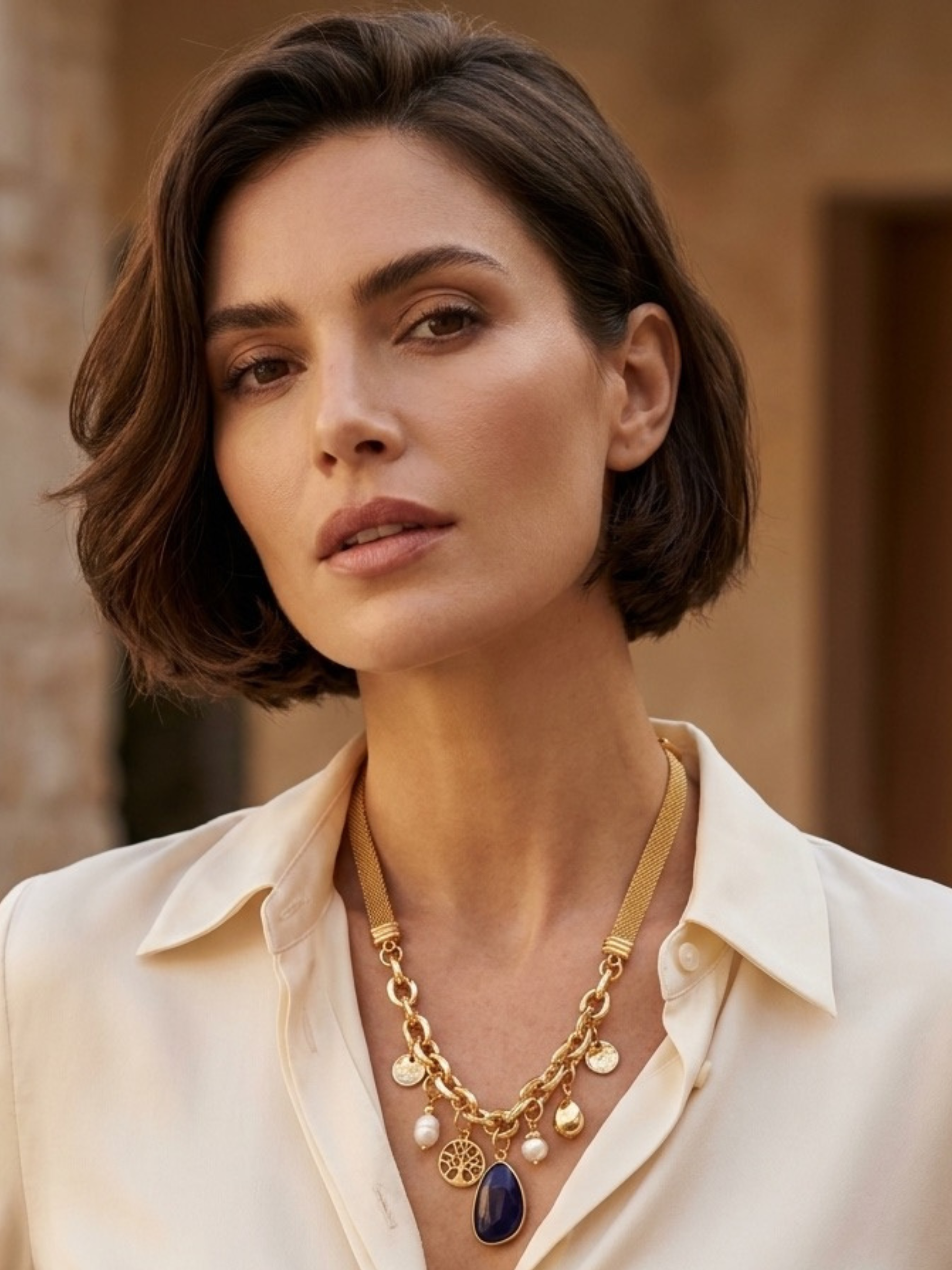 Envy 4765 Charmed & Mesh Chain Necklace with mixed mesh and chain design, hanging charms, pearl-effect accents and pendant detail.
