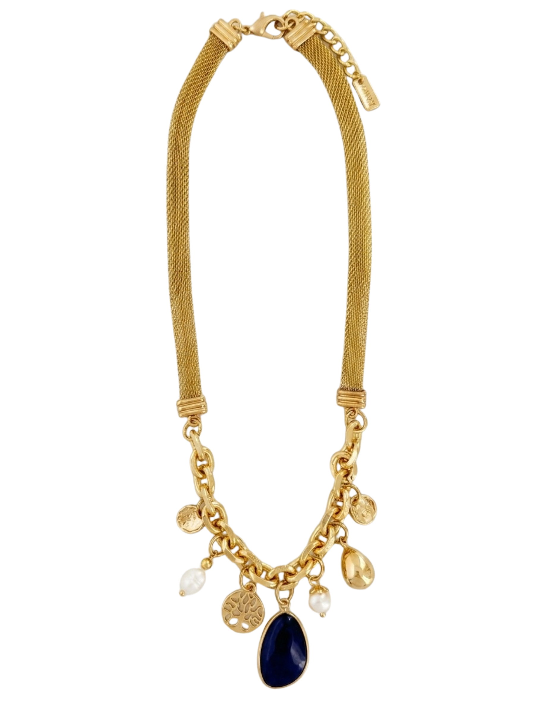 Envy 4765 Charmed & Mesh Chain Necklace with mixed mesh and chain design, hanging charms, pearl-effect accents and pendant detail.