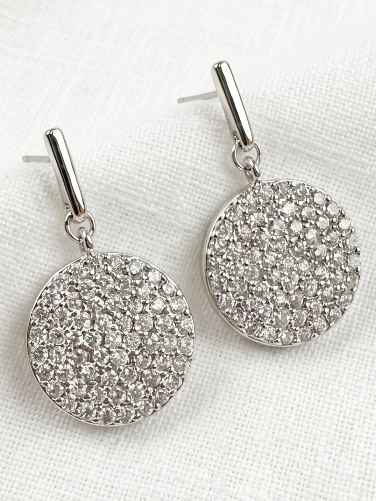 Envy 512 Diamante Circle Dropper Earrings with hoop-style tops and sparkling circular diamante drops.