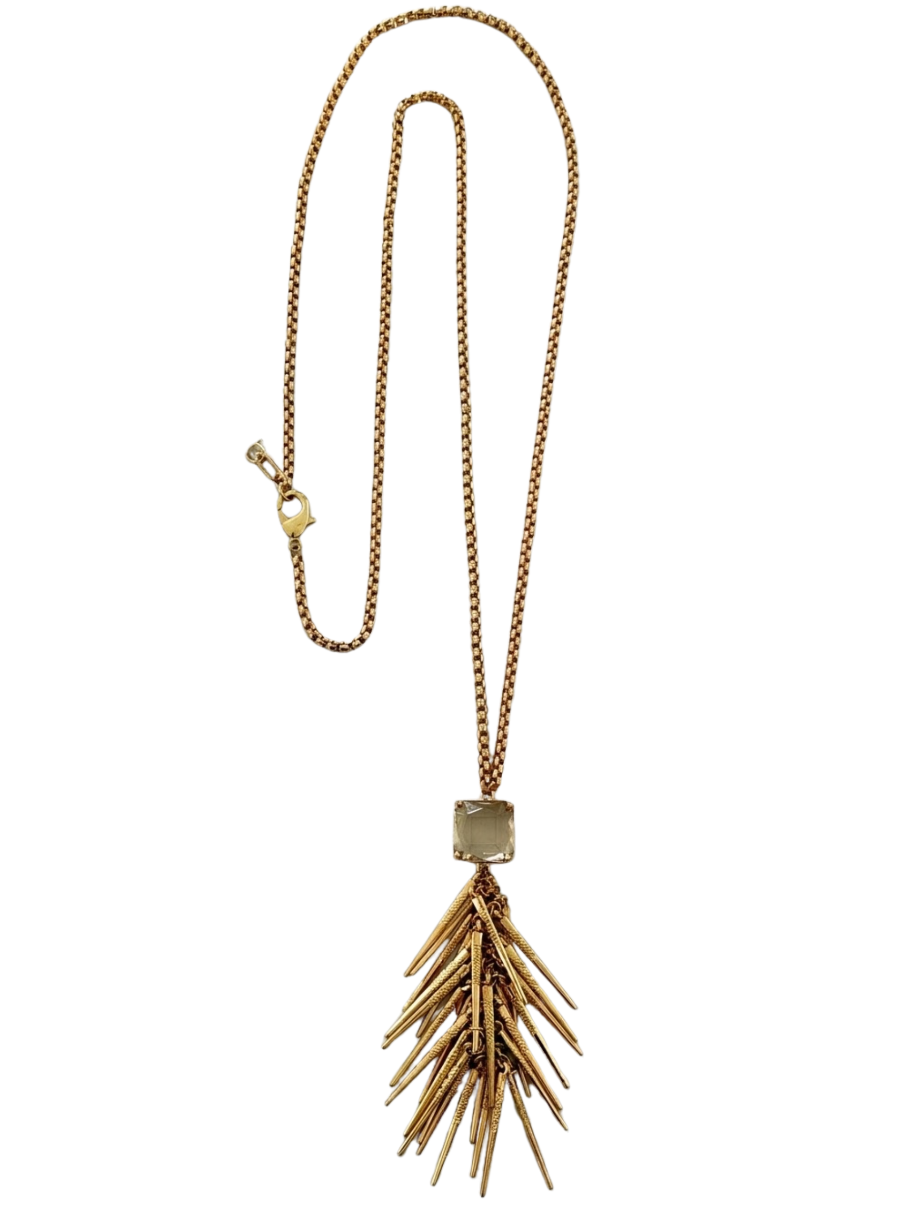 Envy 542 Tassel Necklace with fine chain, square feature detail and statement tassel pendant