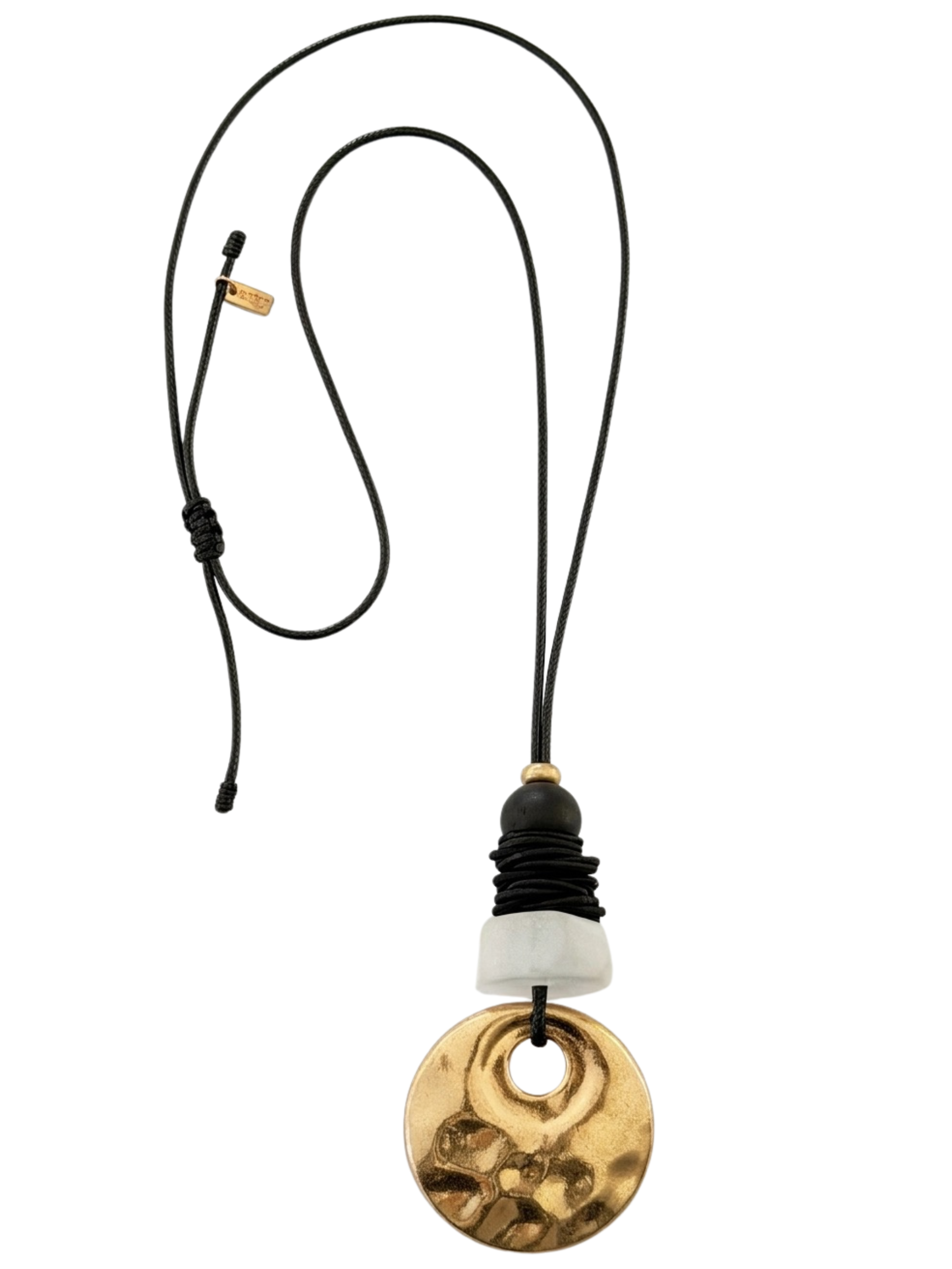 Envy 599 Disc Pendant Necklace with cord design, layered bead detail and hammered disc pendant